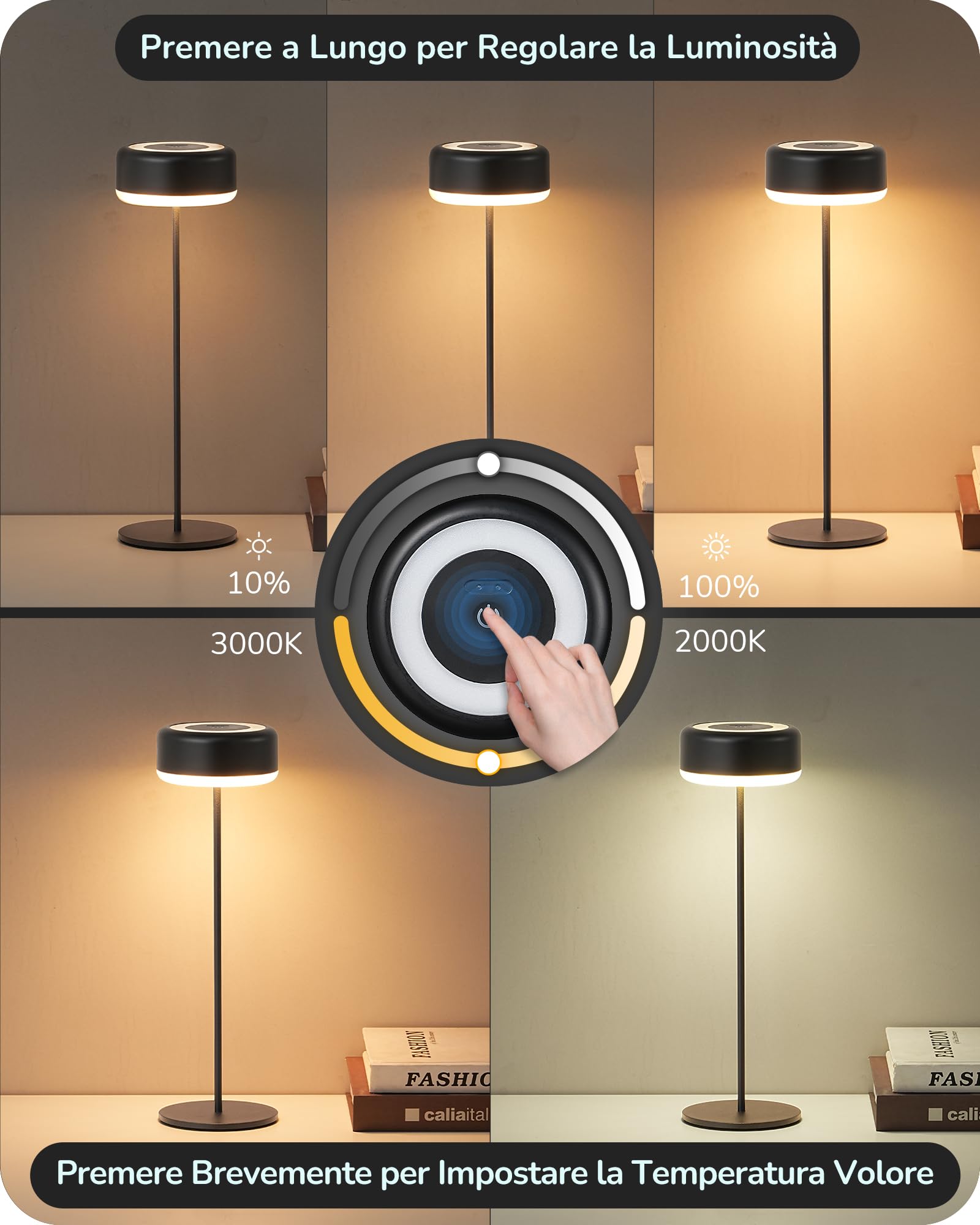 EDISHINE Lampada da comodino touch senza fili, dimmerazione continua, ricarica magnetica, impermeabile IP54, batteria da 4400 mAh, lampada da tavolo a LED per intern ed estern, nero