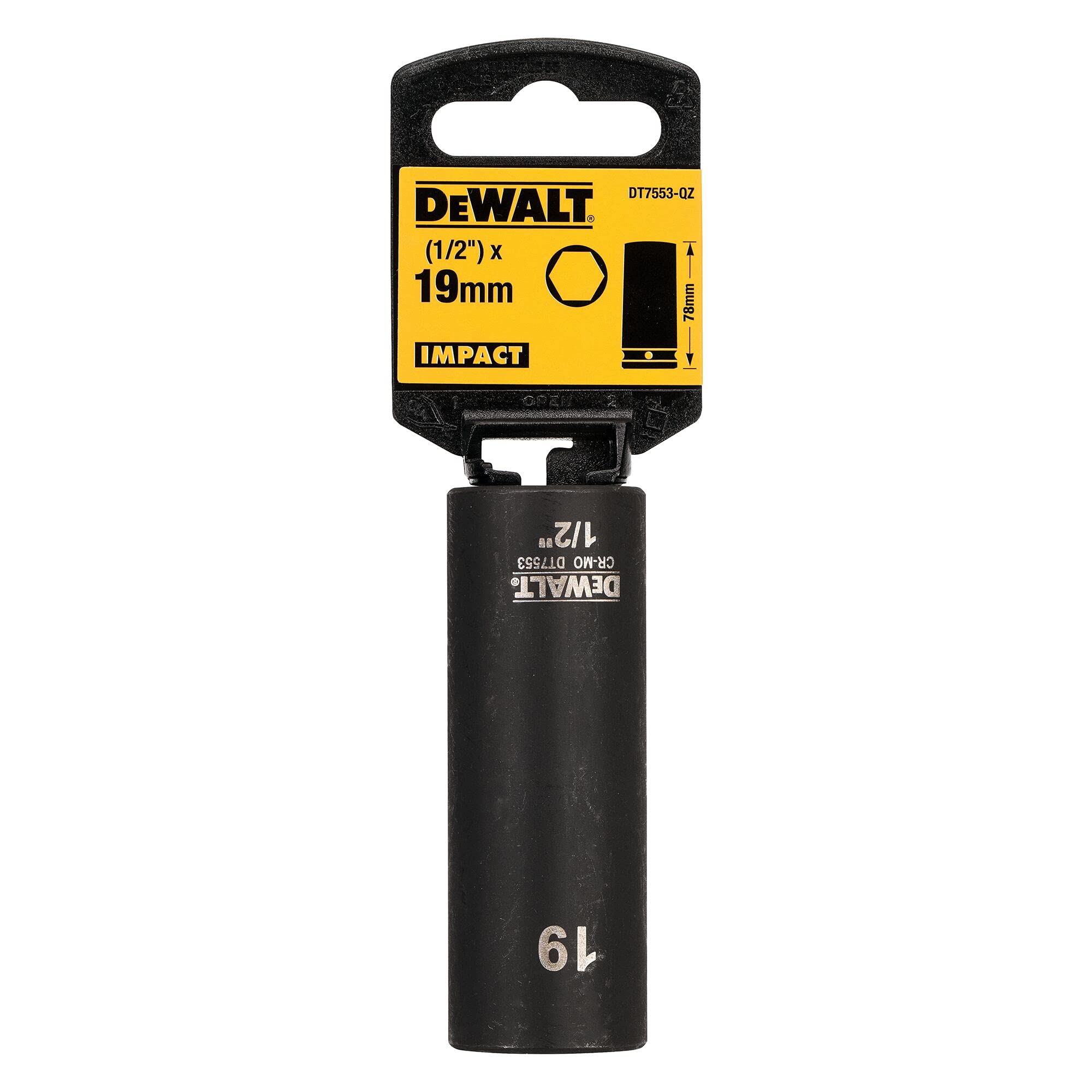DeWalt Extreme Impact Steckschlüssel 1/2 Zoll – 19 Mm, 78 Mm Lang, Bis 300 Nm+, Mit Gelaserten Markierungen