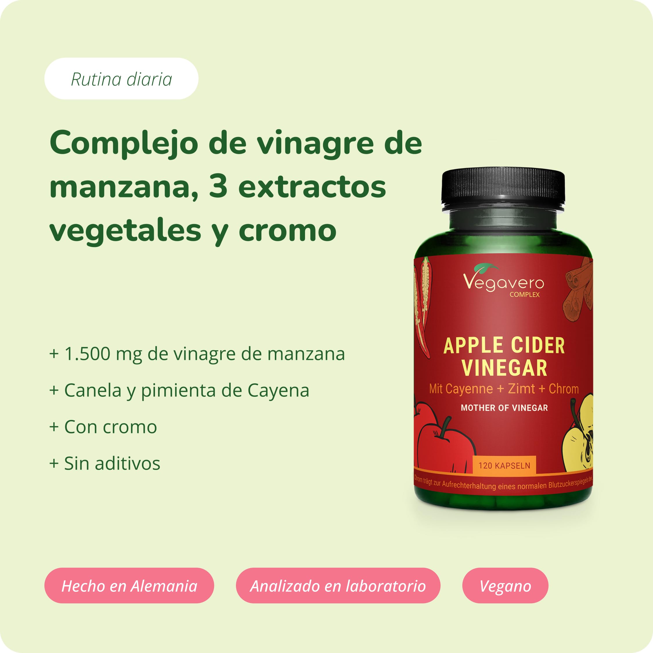 Vinagre de Sidra de Manzana Con Madre | Alta Dosis: 1950 mg | Con Cayena, Jengibre, Canela y Cromo | Apoyo Metabólico Completo | 120 Cápsulas | Vegano y Sin Aditivos | Vegavero