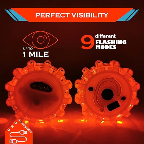 Miniatura 4 de Paquete de 4 luces LED recargables para carretera, kit de emergencia para vehículos con base magnética y gancho, cable USB 3 en 1 incluido