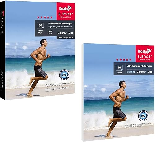 Koala Ultra Premium - Papel fotográfico satinado de 8.5 x 11 pulgadas y papel fotográfico brillante pesado, 72 libras para impresora de inyección de