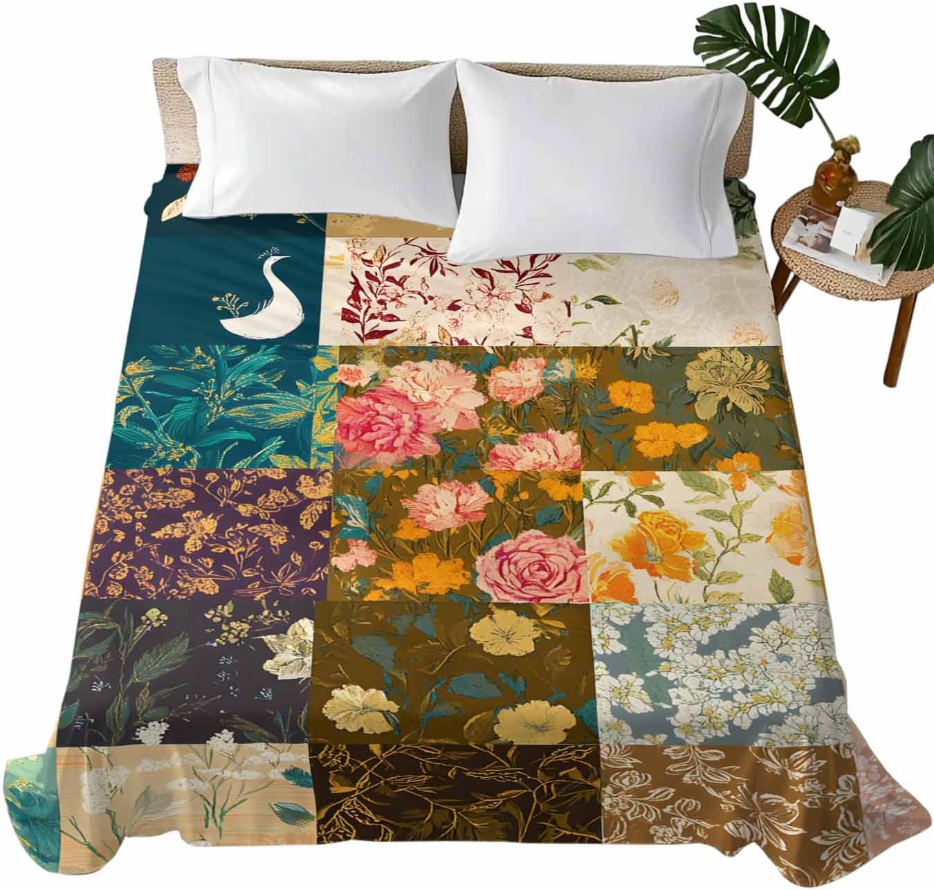 Full Size Flat Sheet Only, Pastoral Botanical Soft Brushed Microfiber Bed Sheets, Vintage Buffalo Spring Floral Hotel Quality Breathable Bedding Top Sheet, Easy Care, 66"x102"