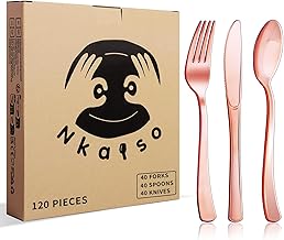 120 Pieces Rose Gold Reusable Plastic Cutlery Party Cutlery, 40 Forks, 40 Spoons and 40 Knives, Perfect for Birthday Parties, BBQs, Weddings and Camping