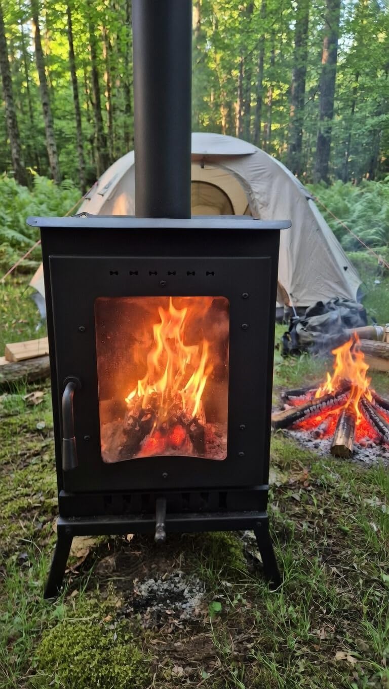 Dorello Portable Wood Burning Camp Stove, Black, Cast Iron, with Glass Door Window, Chimney Pipe, for Camping and Cabin