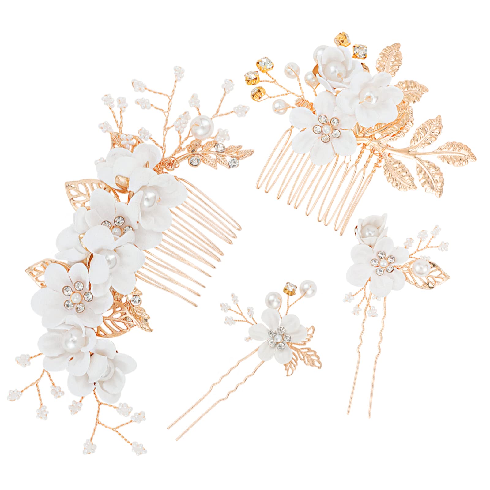 ARALUKY 4Pcs Wedding Hair Clip Comb Handmade Pearl Floral Leaf Hair Accessories Bridal Hair Clips Fashion Hair Comb Set for Women and Girls Wedding ( White )