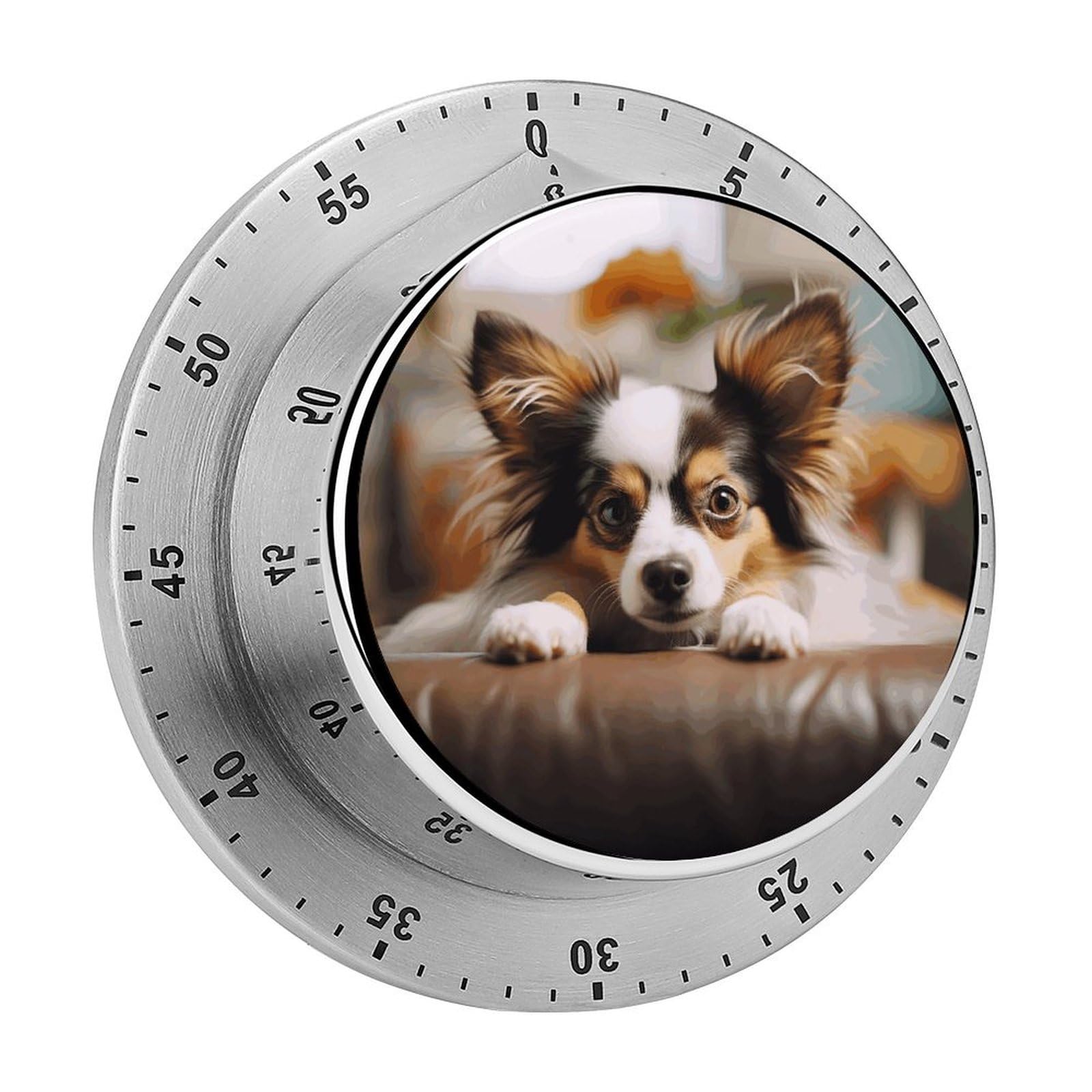 Papillon Lying on Tummy Mechanical Kitchen Timer, Magnetic Stainless Steel Countdown Timer, Loud Alarm Cooking Timer for Baking, Cooking, Fitness, Classroom, No Battery Needed