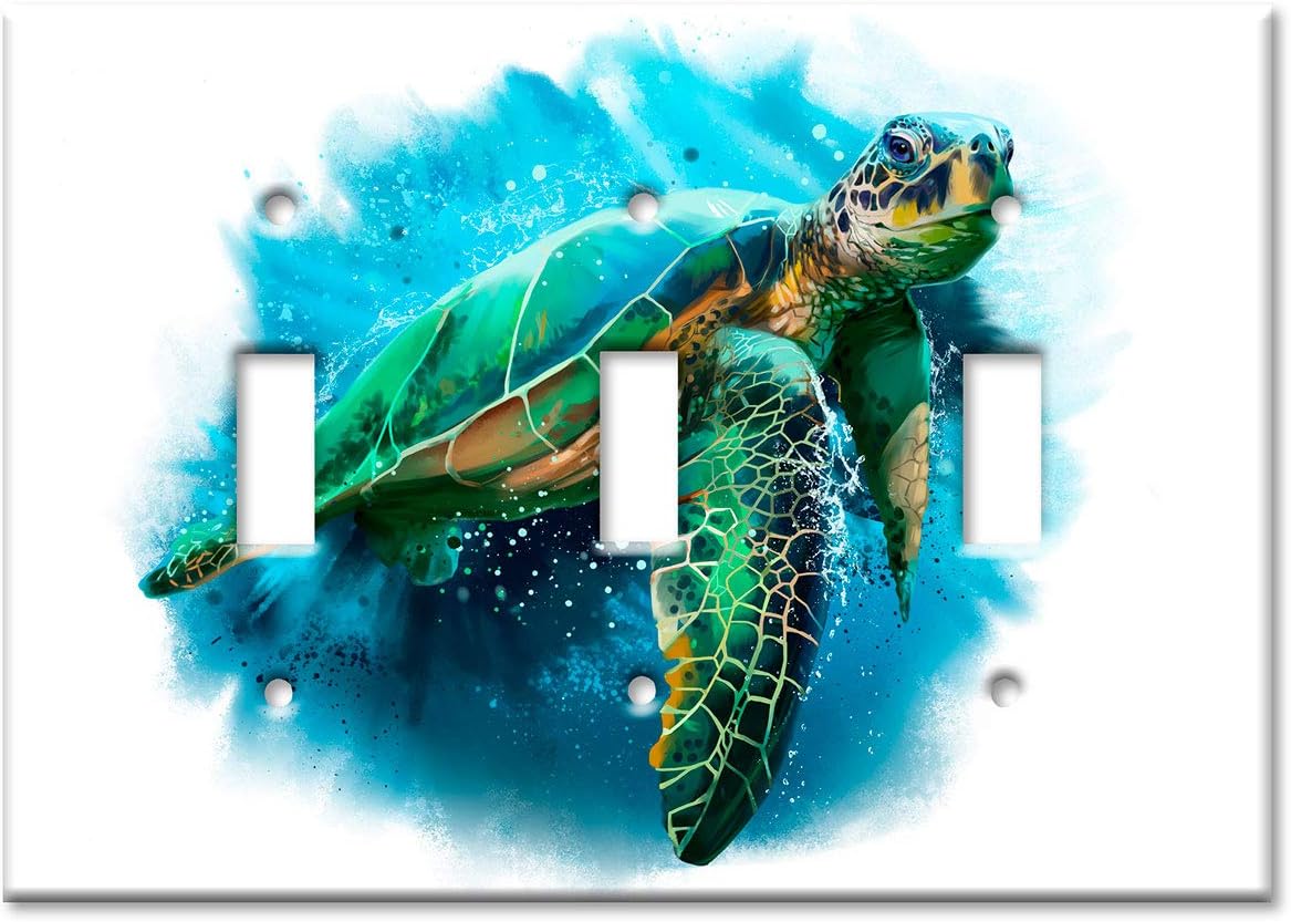 Art Plates - Triple Gang Toggle Switch Plate - Decorative Metal Wall Plate - Sea Turtle Painting - (Made in USA)