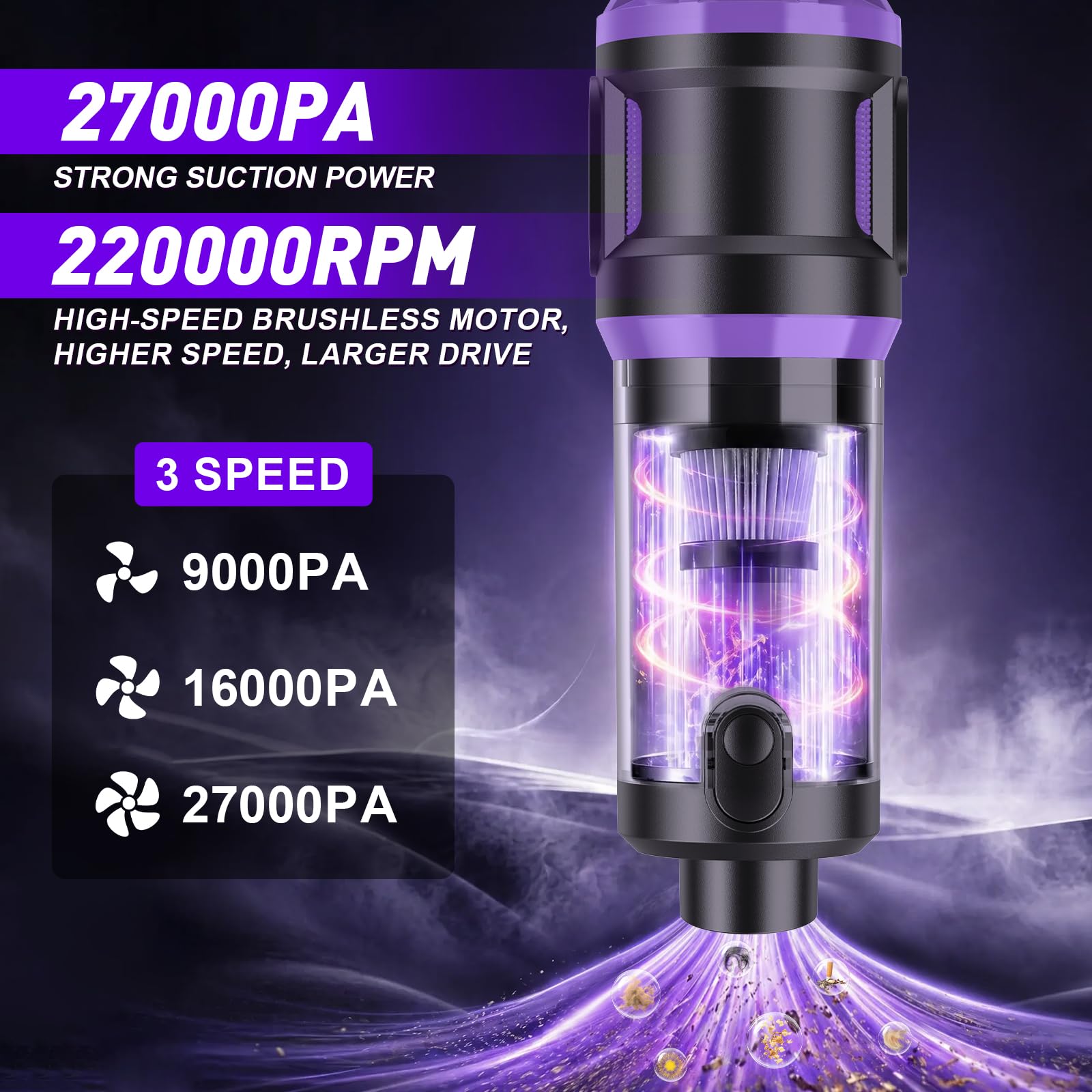 Handstaubsauger Akku 27000Pa mit LED-Display, 5-in-1 Kabelloser Autosauger Stark ,Bürstenloser Motor 220000 RPM,3 Stufen Mini Staubsauger mit HEPA-Filter,12 Zubehör für Auto,PC,Sofa,Tierhaare,Notfall
