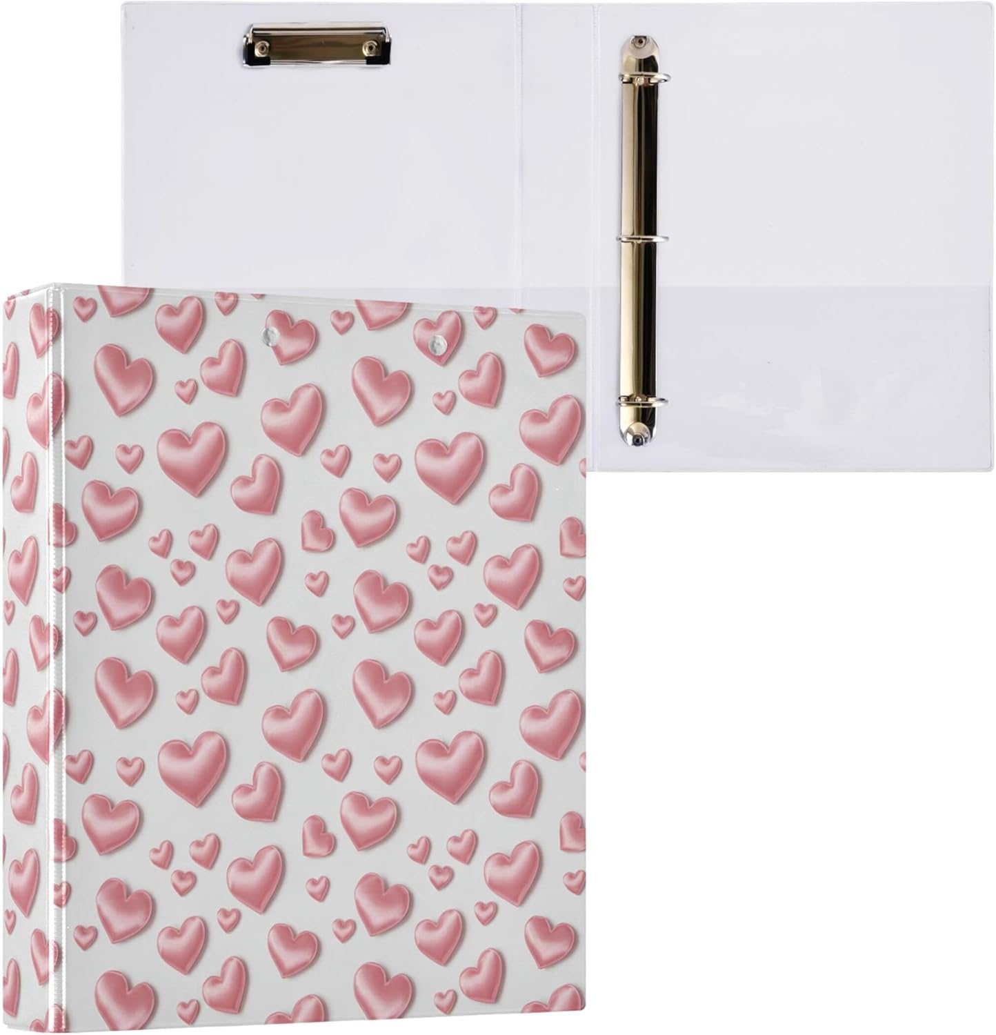 Valentine's Day Pink Heart 3 Ring Binders, 1.5” Round Ring Binders with Clipboard - Letter Size, 3 Interior PVC Clear Pockets & Anti-Slip Clip for Office School Supplies, 2PCS