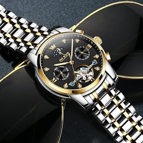Miniatura 9 de OLEVS Relojes para hombre automático esqueleto 5 manecillas mecánico reloj de lujo clásico calendario acero inoxidable impermeable reloj de pulsera
