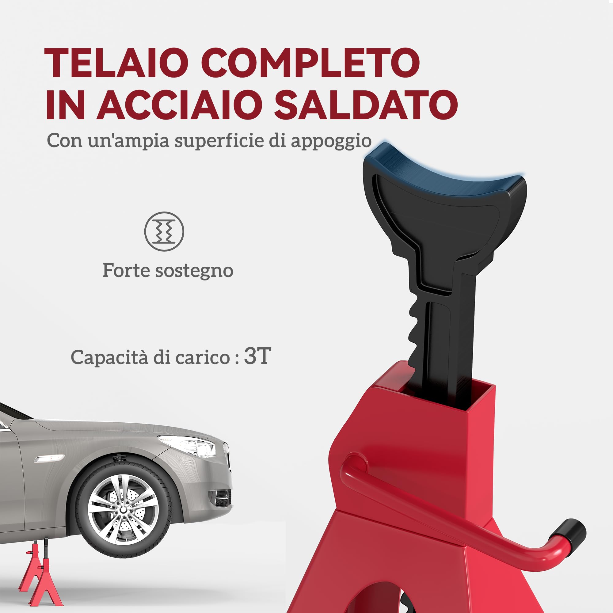 HOMCOM Set di 2 Cavalletti per Auto 3 T, Coppia di Cavalletti di Sostegno con Altezza di Sollevamento Regolabile da 29-42.5 cm, in Acciaio al Carbonio e Ghisa, Rosso e Nero