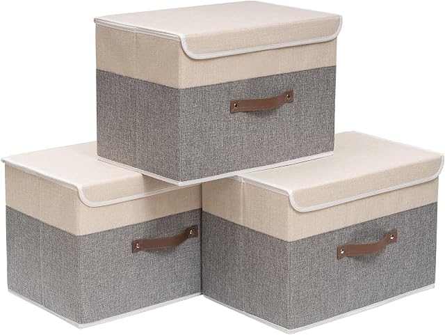 OUTBROS Large Collapsible Storage Box with Lid, Linen Fabric Clothing Shelf Basket Bins Toy Box For Towels, Books, Clothes 17.7 x 11.8 x 11.8 inch (Beige/Grey, 3-Pack)