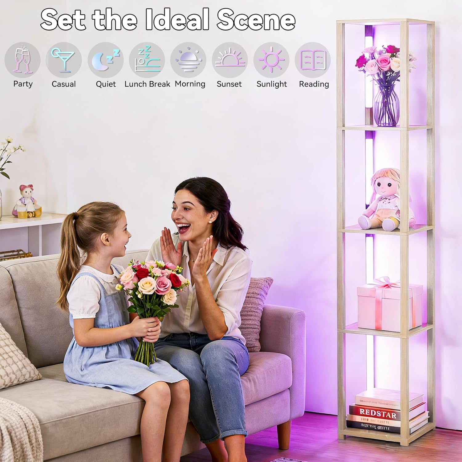 RGBCW Floor Lamp, LED Smart Modern Floor Lamp with Music Sync, Color Changing Corner Display Shelf Lamp, Square Standing Lamp with Shelves for Living Room and Bedroom, Office, Whitewashed Oak