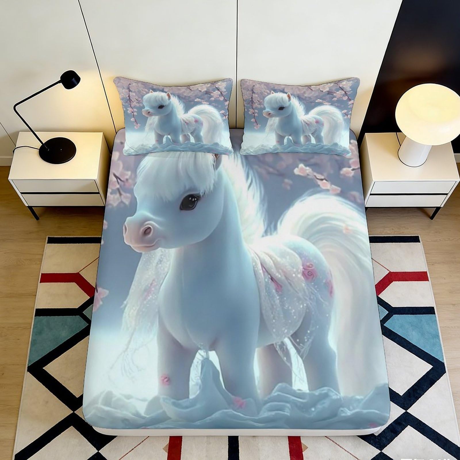 3D Printed Blue Pony Fitted Sheet Microfiber Anti-Slip Cartoon Unicorn Mattress Cover for Bedroom Guest Room Decor 160x200x25cm