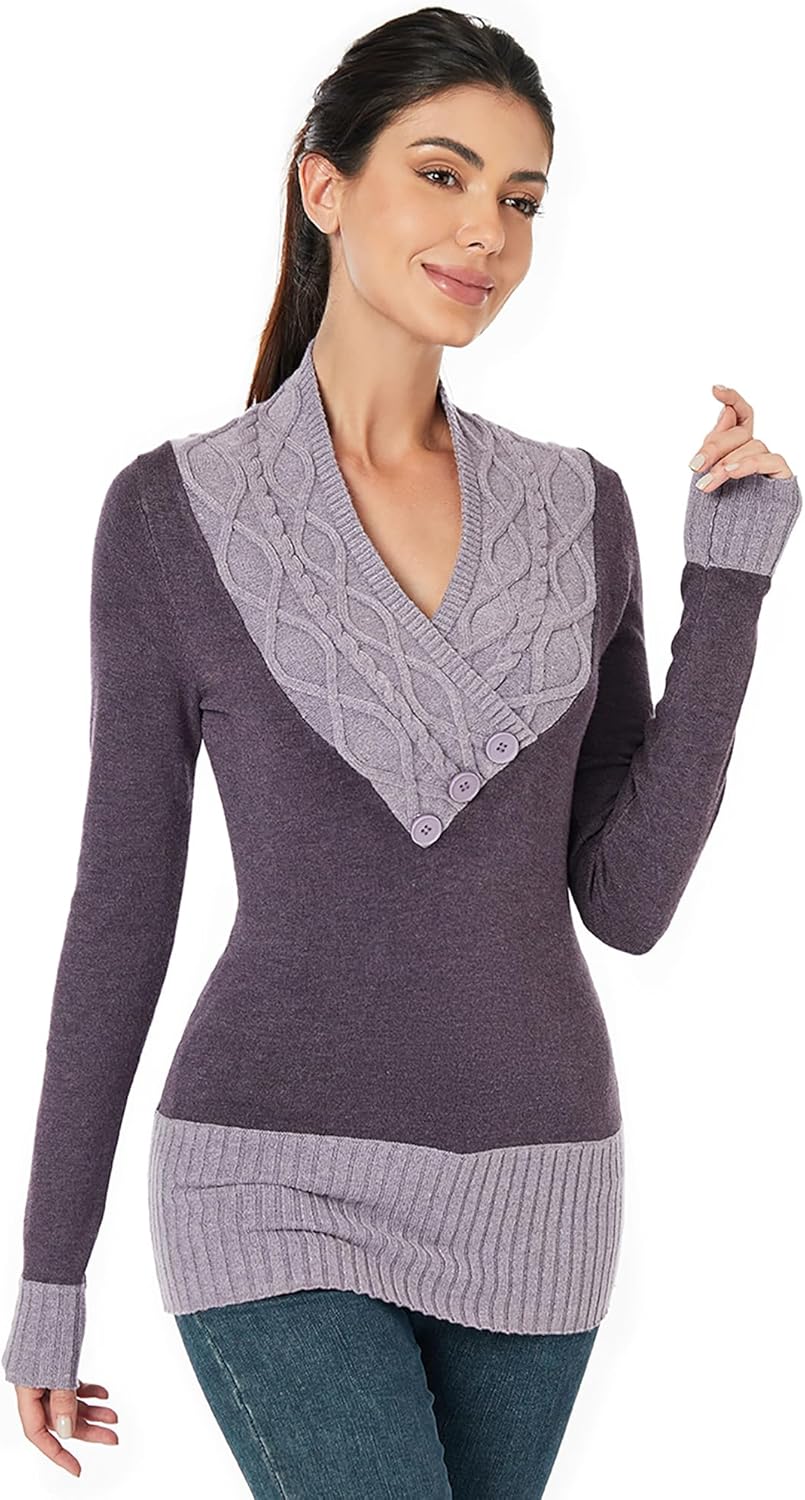 AmélieBoutik Women Crossover Cable Knit V Neck Long Sleeve Pullover Sweater