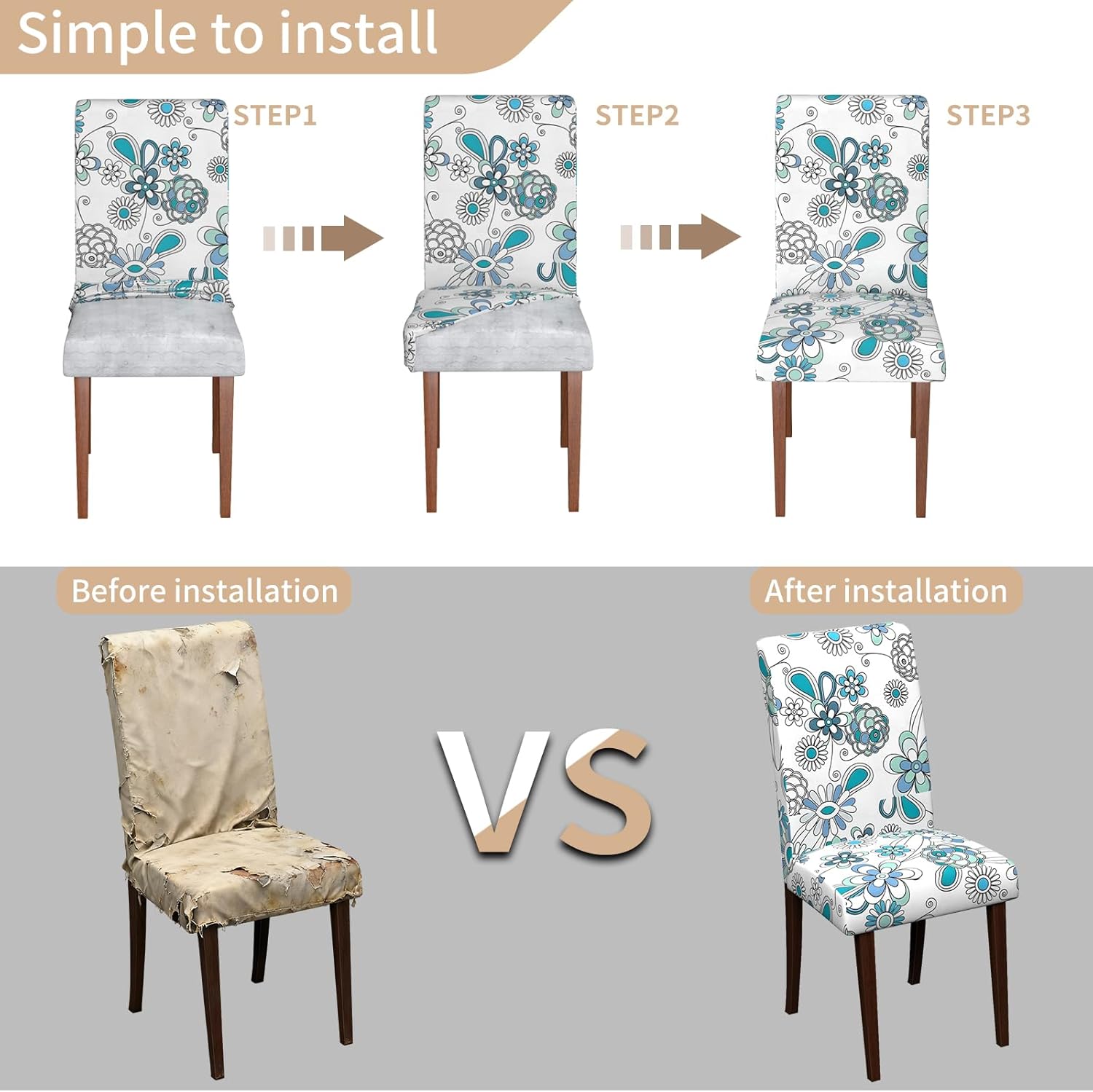 Chair Covers Dining Room Set of 6,Printed Patterned Stretch Non Slip Chair Slipcover Removable Washable Kitchen Chair Protector Cover for Home Hotel Banquet Party Office (Blue Green Geometric Floral)