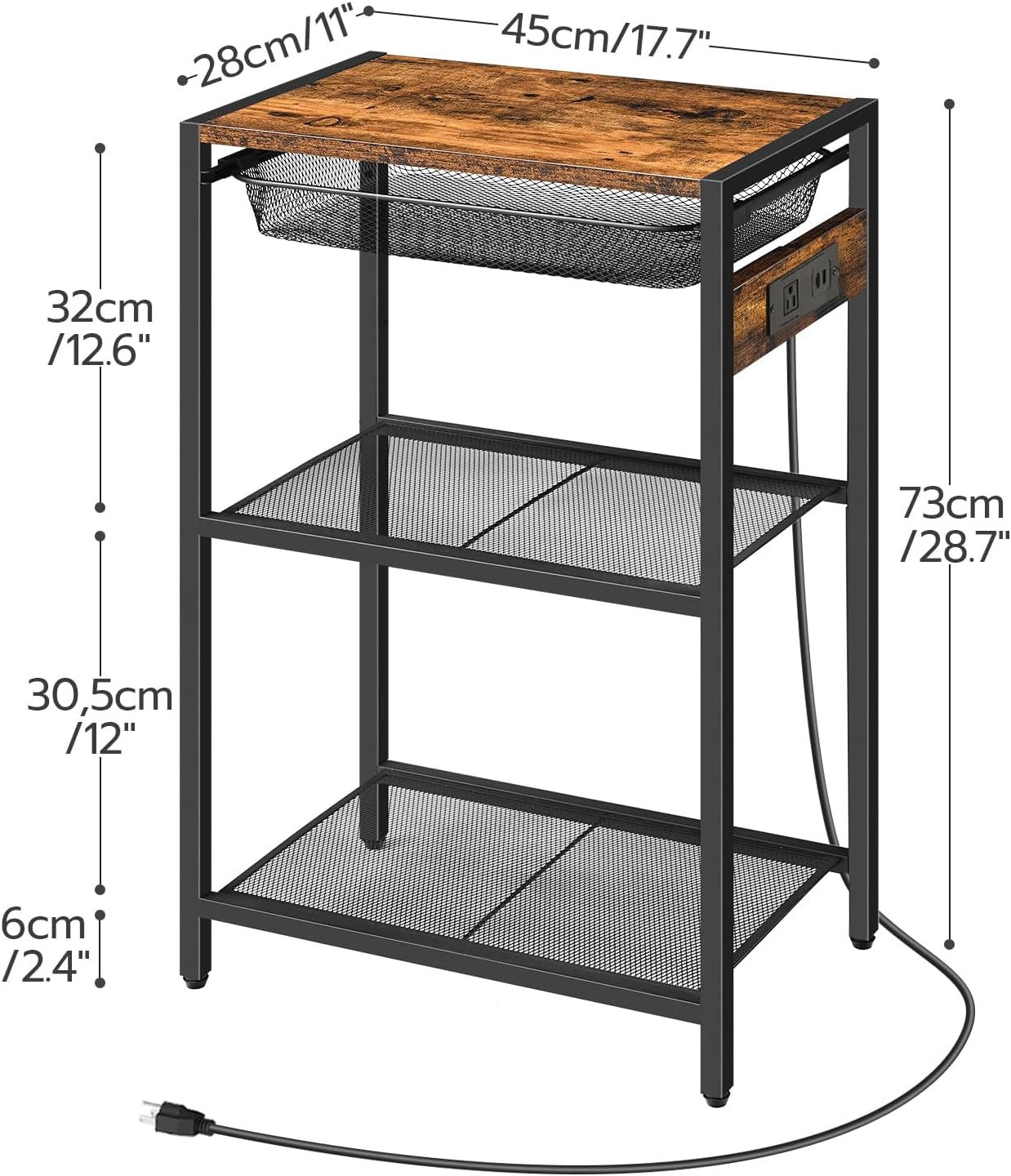 HOOBRO Tall End Table with Charging Station, Industrial Telephone Table with Adjustable Metal Storage Basket, Tall Nightstand for Living Room, Bedroom, Office, Rustic Brown BF06UDH01