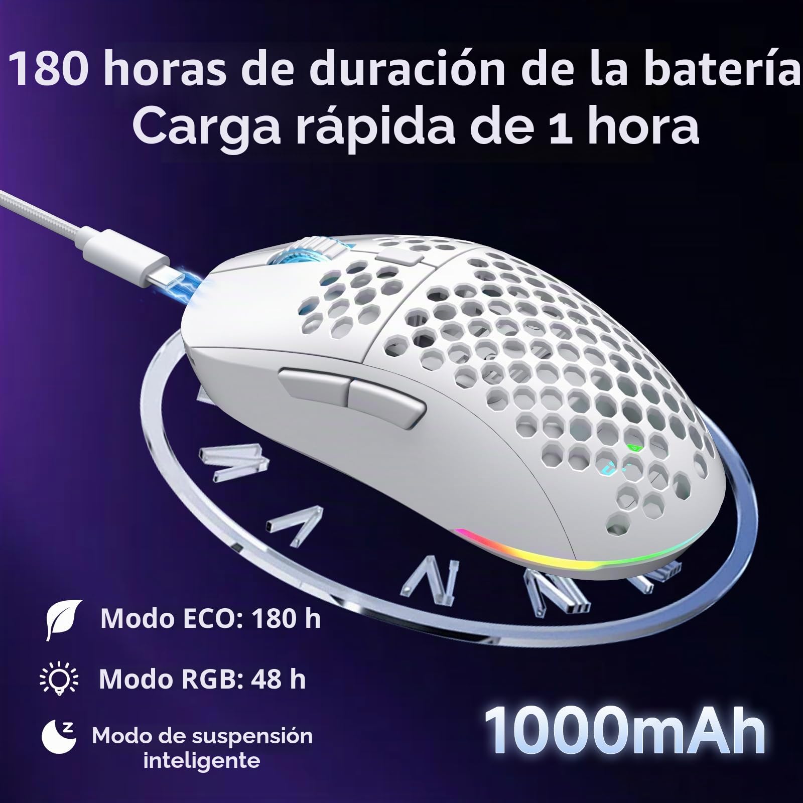 Dierya x TMKB M1 Ratón de Juego Inalámbrico, Sensor Óptico 24 000 dpi, Ligero 90g, 6 Botones Programables, Iluminación RGB, Autonomía 180H, 2.4GHz/Bluetooth/USB-C Ratón Gamer, Blanco