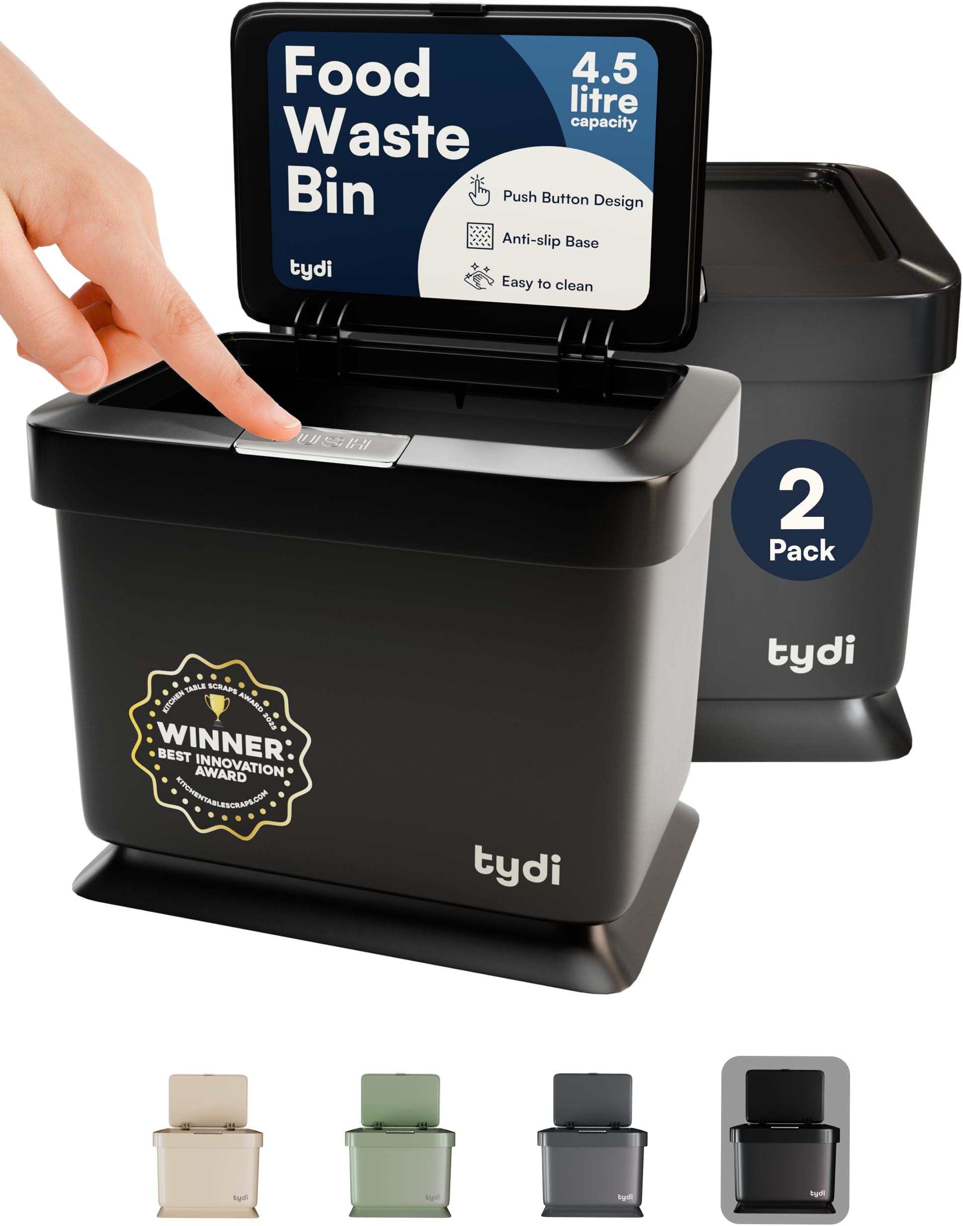 Tydi 4.5L Food Waste Bin with Press-Button Lid (2 Pack) – Compost Bins for Kitchen - Anti-Slip Base and Secure Lid Kitchen Compost – Small Indoor Caddy for Cupboard or Countertop – Black