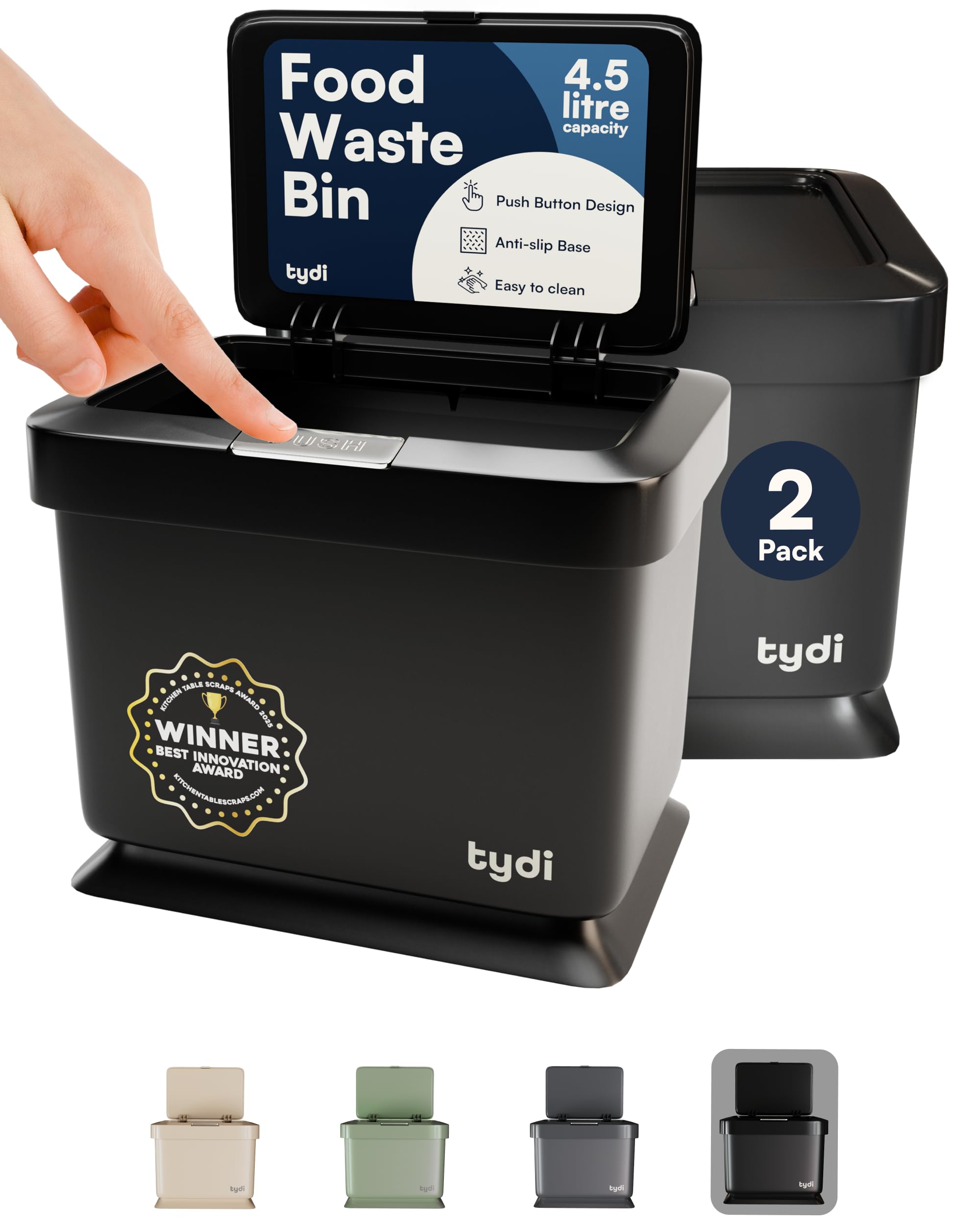 Tydi 4.5L Food Waste Bin with Press-Button Lid (2 Pack) – Compost Bins for Kitchen - Anti-Slip Base and Secure Lid Kitchen Compost – Small Indoor Caddy for Cupboard or Countertop – Black — image 1
