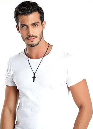 Miniatura 6 de REVEMCN Collar inspirador de cruz con versículo bíblico para hombres y niños, collar con colgante de cruz de plata negra lisa de acero inoxidable