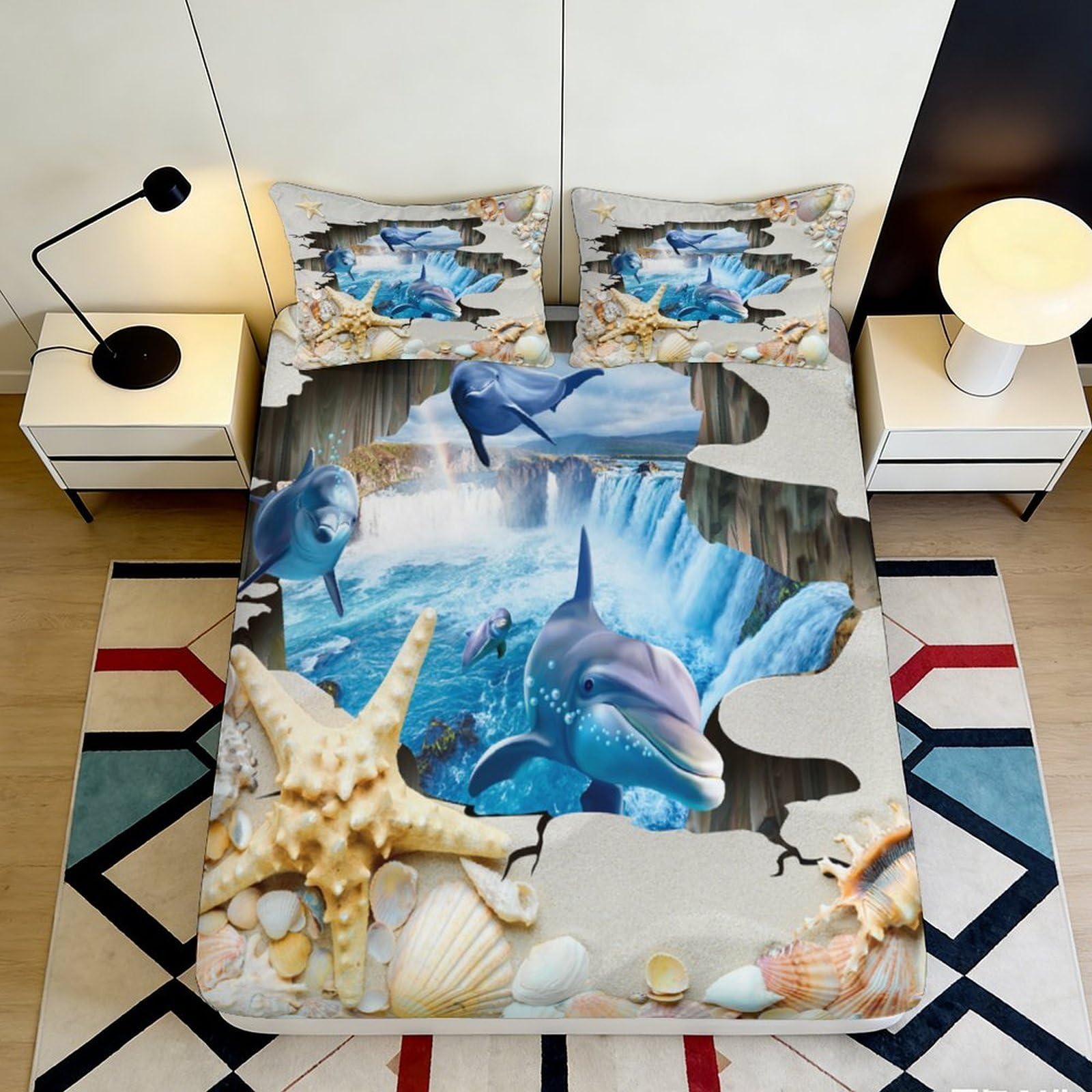 3D Printed Ocean Shark Fitted Sheet Microfiber Soft Blue Sea Shell Mattress Cover for Bedroom Guest Room Decor 90x200x25cm