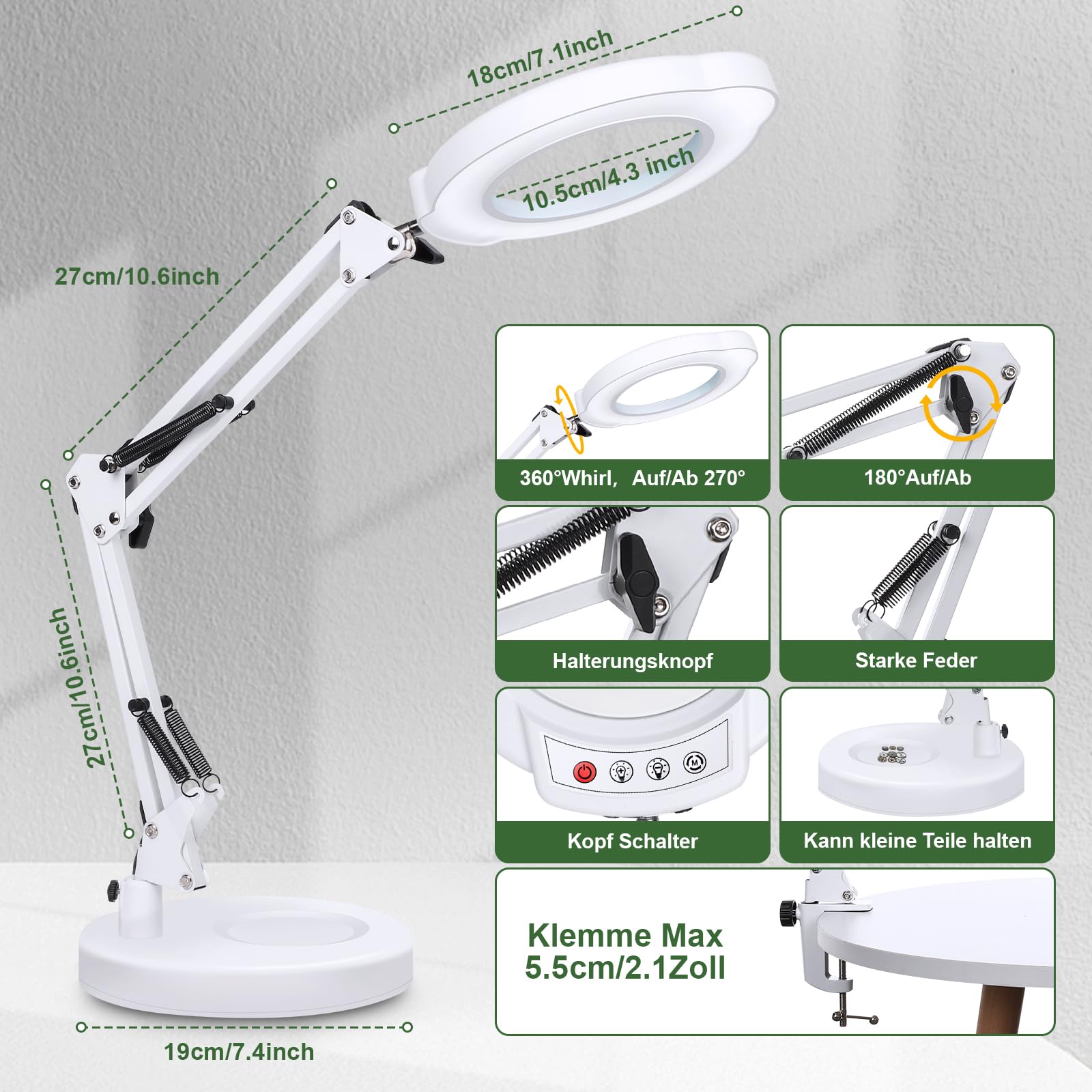 10X Lupe mit Licht und Ständer LED Lupenleuchte, Stufenlos Dimmbar, Weiß
