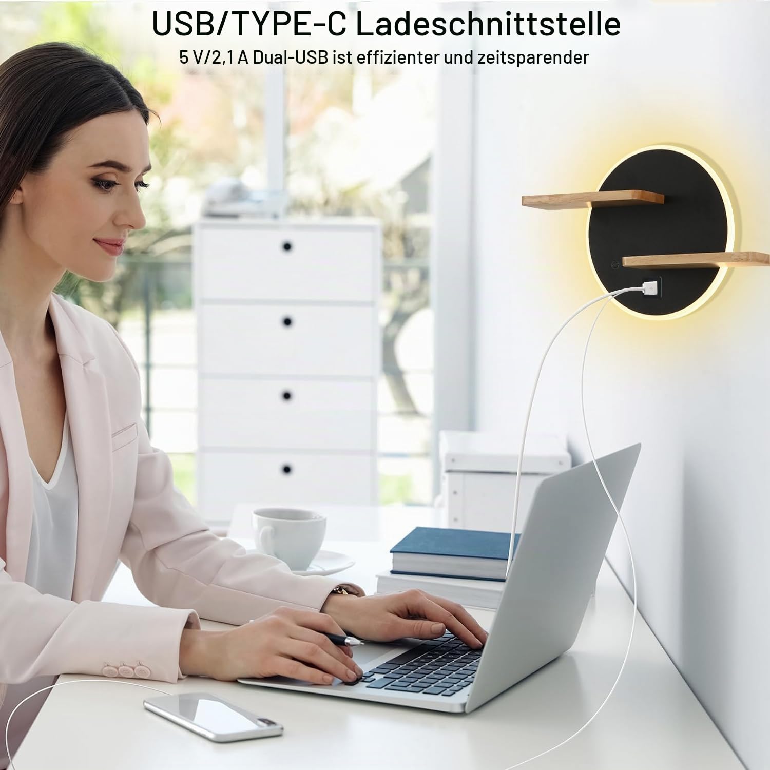 KZT Wandleuchte Innen Nachttischlampe Dimmbar Touch Schalter LED Wandlampe mit Kabel USB + TYPE C Ladeanschluss Wandbeleuchtung Schlafzimmer Bettlampe Leselicht für Schlafzimmer Wohnzimmer Hotel