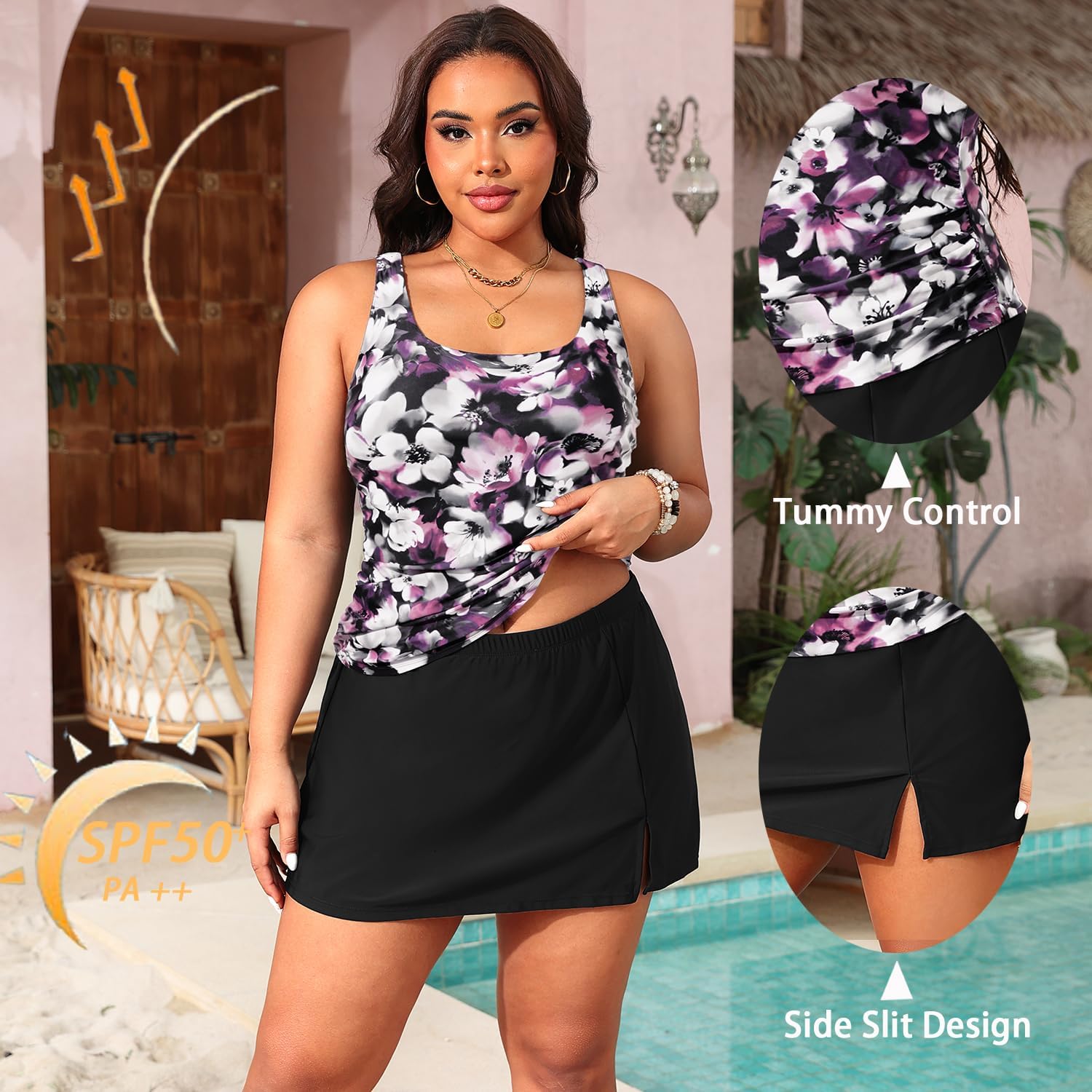 Daci Plus Size Tankini with Skirt - Women Two Piece Swimsuits Tummy Control Bathing Suits Scoop Neck Swimwear - Image 5