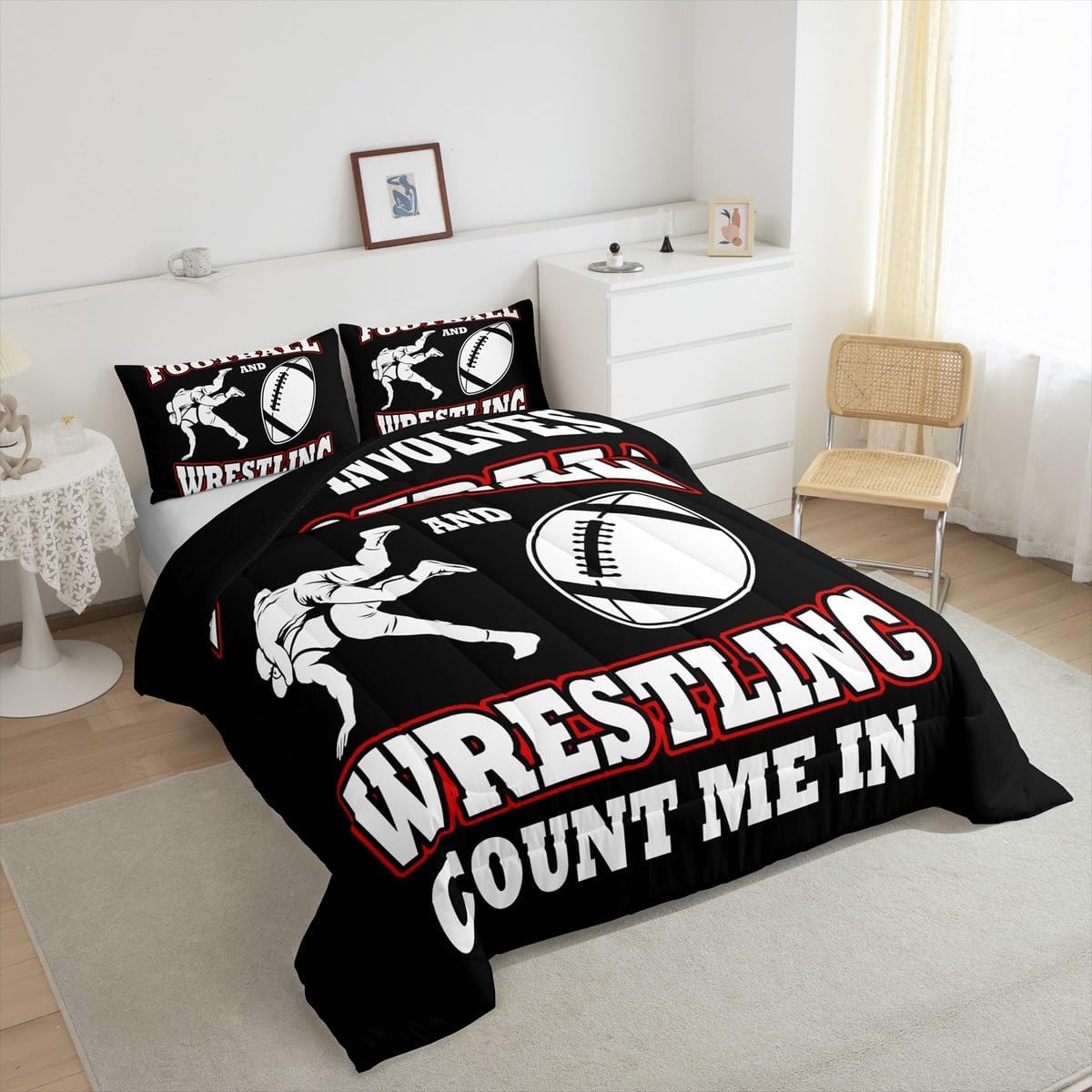 Feelyou Football Comforter Set Boys Girls Wrestle Bedding Set Twin Size Ultra Soft Women Men Wrestling Rugby Comforter Black Sports Theme Bed Set with 1 Comforter, 1 Pillow Case Duvet Room Decor