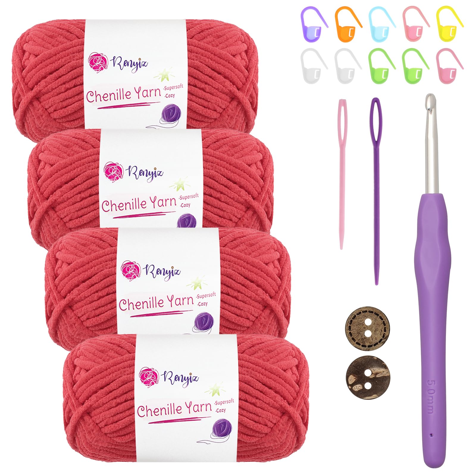 Chunky Chenille Yarn 4x50g (60m/Skein) Fluffy Knitting Wool with 5mm Hook, Ideal for Beginners - Thick Soft Crochet Yarn for Baby Blankets, Handmade Bags, Sweaters, Shoes, Hats and Scarves (red-4) โ image 1