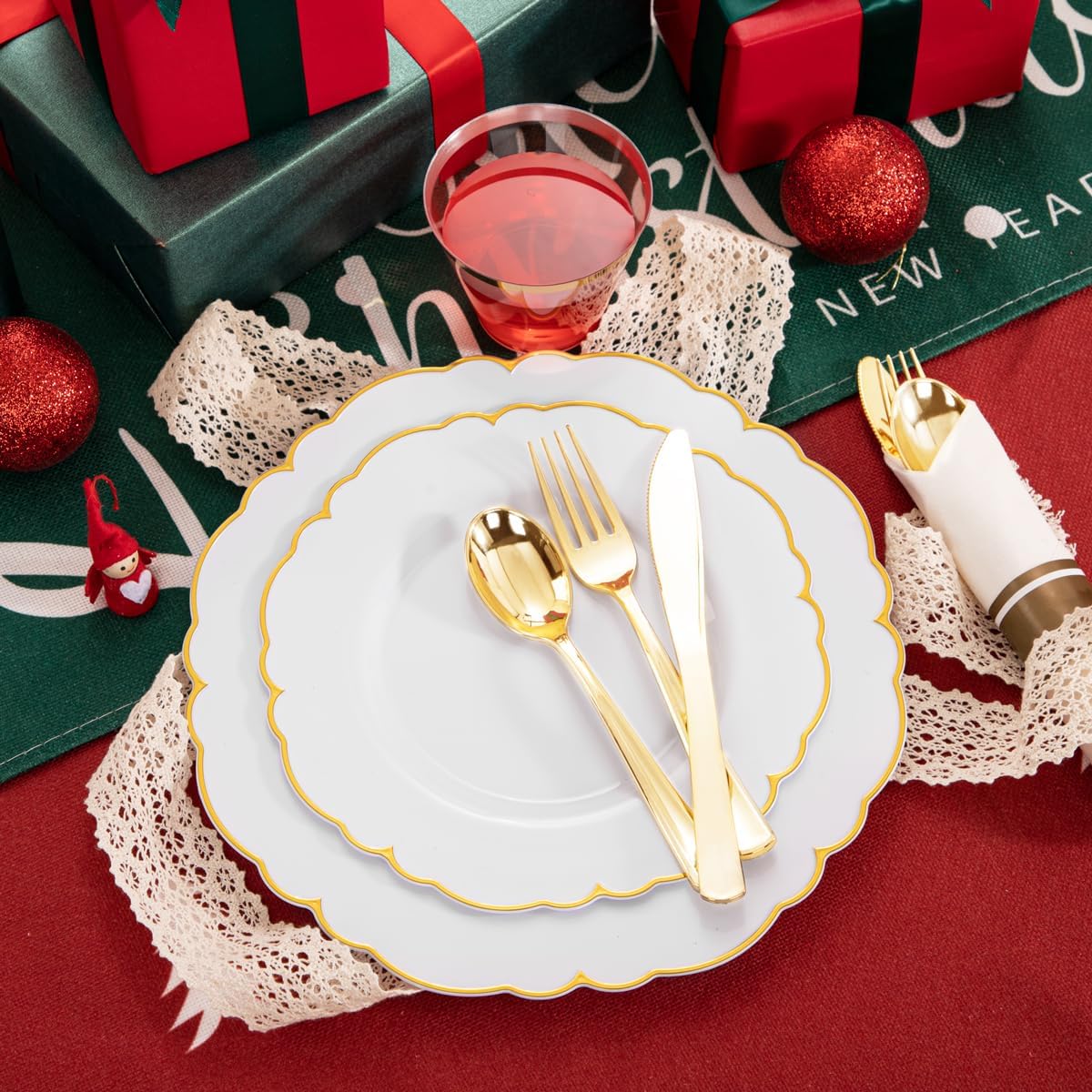 Morejoy 175PCS Gold Plastic Plates,White Gold Disposable Plates with Pre Rolled Napkins:25 Dinner Plates,25 Dessert Plates,25 Spoons,25 Forks,25Knives,25Cups,25Napkins for Party & Christmas - Image 8