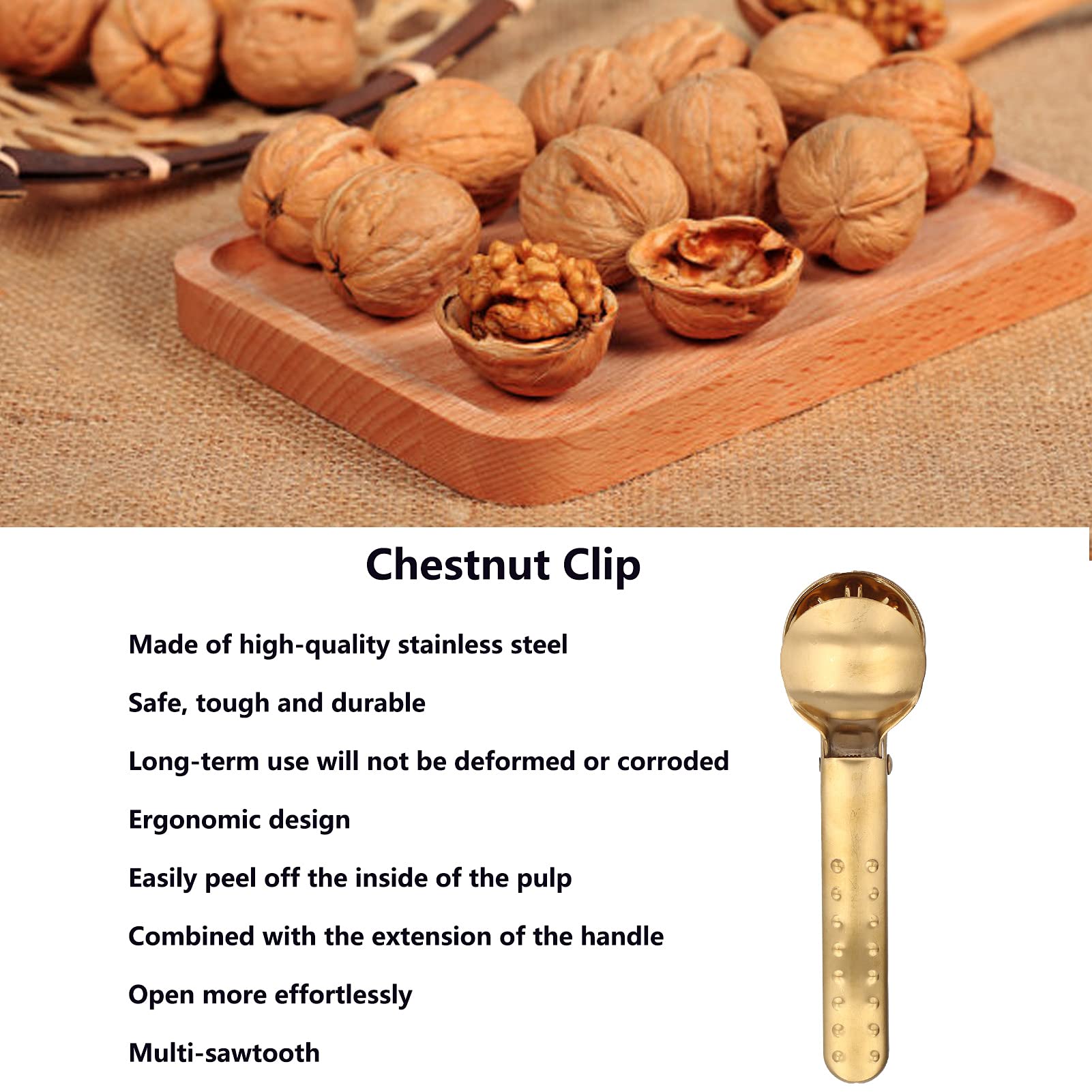 Nut Cracker, Portable Stainless Steel Nutcracker Multifunction Chestnut Clip Cross Blade Nut Crackers and Picks Pecan Cracker for Nut(Gold)