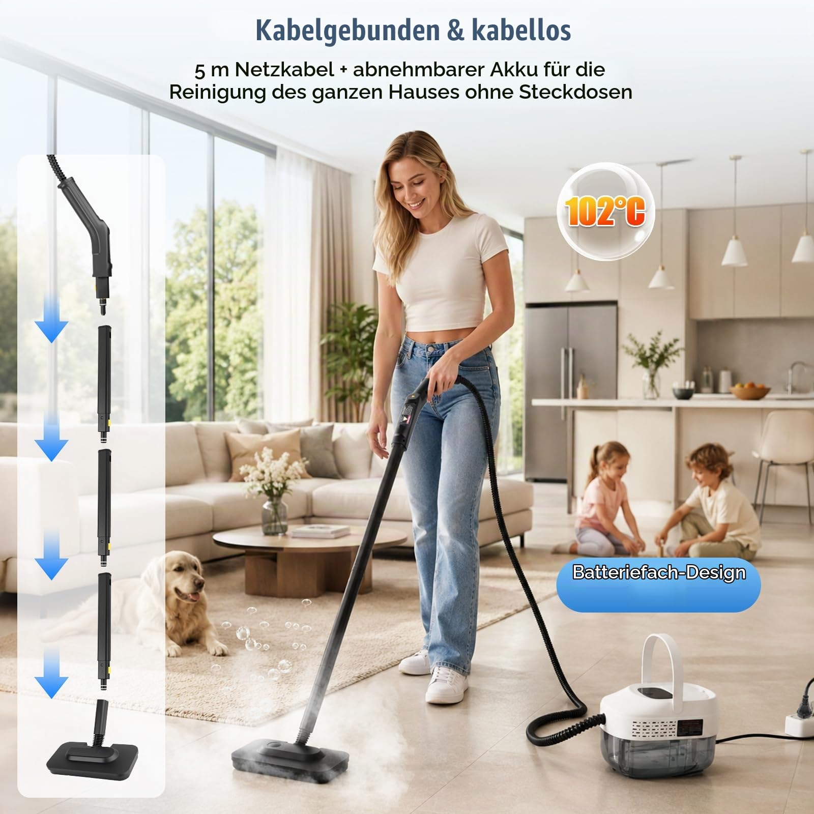RUIZHI Dampfreiniger Handgerät mit 18 Zubehör, 1.6L Steam Cleaner, Dampfdruck 3Bar, Aufheizzeit 10s, Handdampfreiniger für Alles Boden Reinigung, Fenstern, Sofas, Fugen, Auto