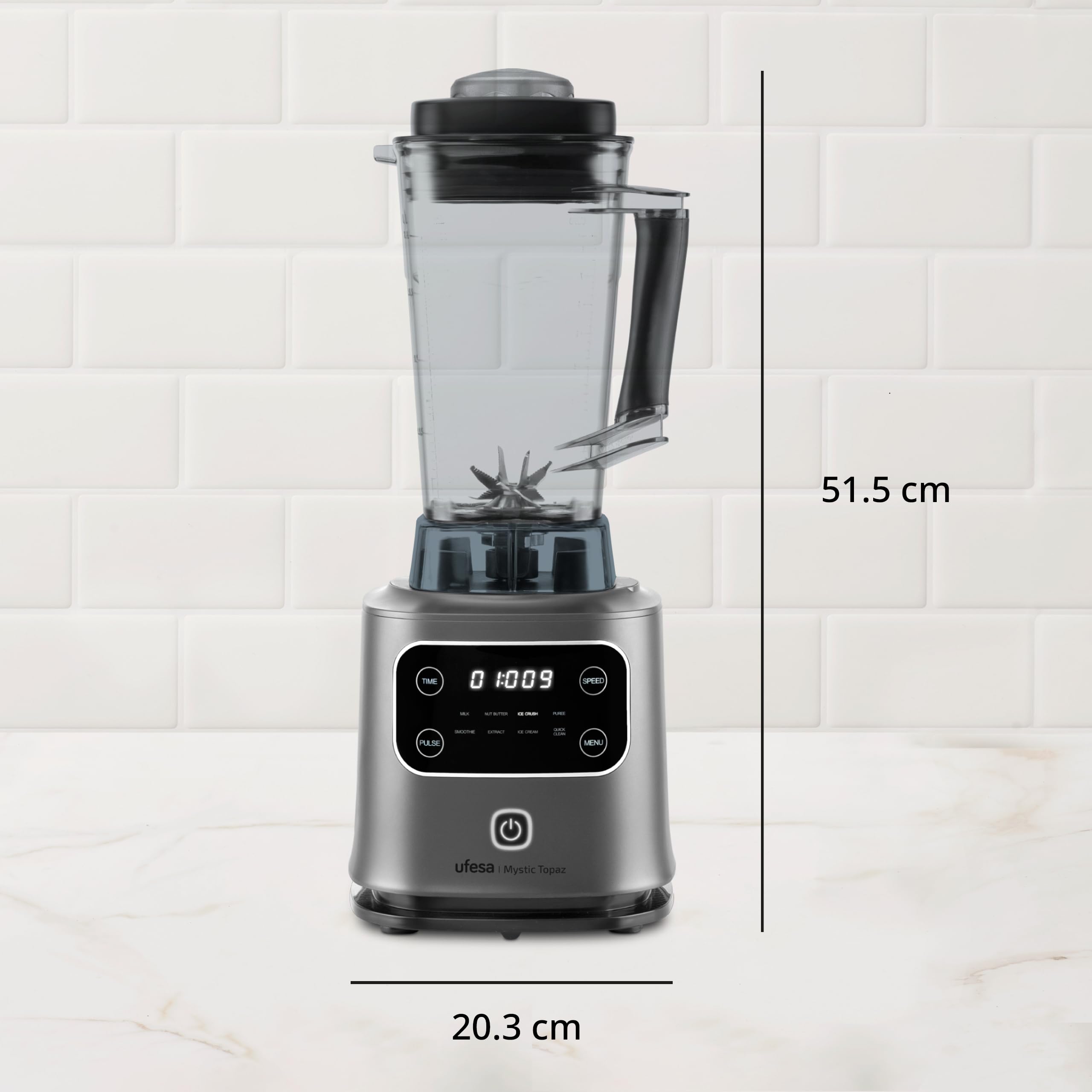 Ufesa Mystiz Topaz Blender nurkowy, 2000 W, karafka z tritanu 2 l, elektroniczna regulacja prędkości, wyświetlacz dotykowy, 6 ostrzy ze stali nierdzewnej, 8 programów automatycznych, młynek do lodu