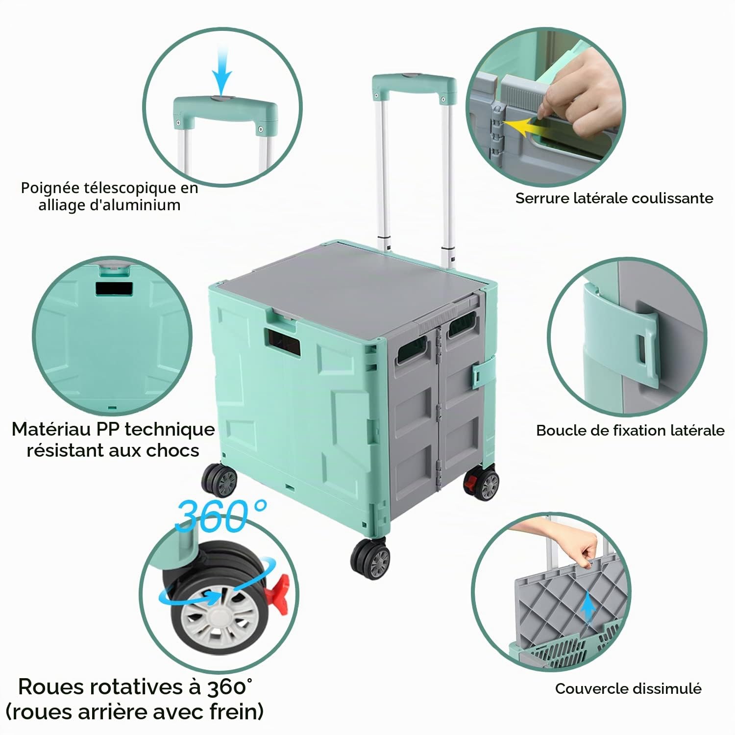 Chariot De Courses Pliable sur 4 Roues, Chariot De Rangement avec Poignée Télescopique Réglable, Chariot Portable Robuste De 50 Kg avec Couvercle pour Le Shopping/Camping - Vert/Gris