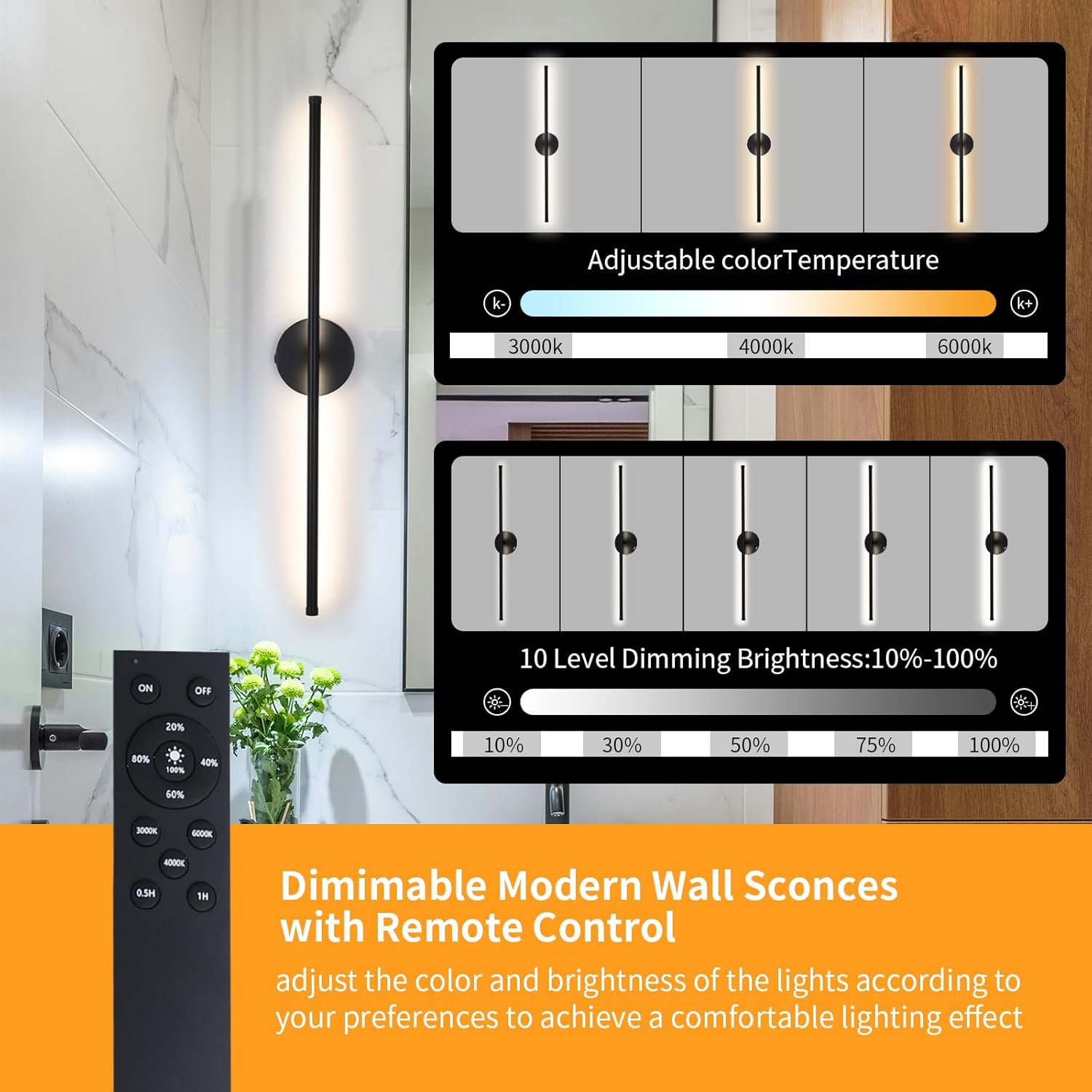 Battery Operated Wall Sconces Set of Two, 3000K-6500K LED Wireless Wall Light for Bedroom,Living Room, 28.3 Inch, Black (2 Pack)