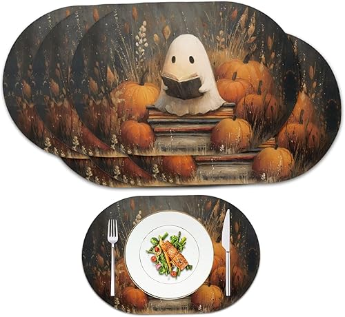 Miniatura 13 de Pumpkin Placemats Set of 4 Ghost Non Slip Washable Heat Resistant Place Mats 12x18 Inch Round Tablemats for Dining Kitchen Party Daily Table Decor