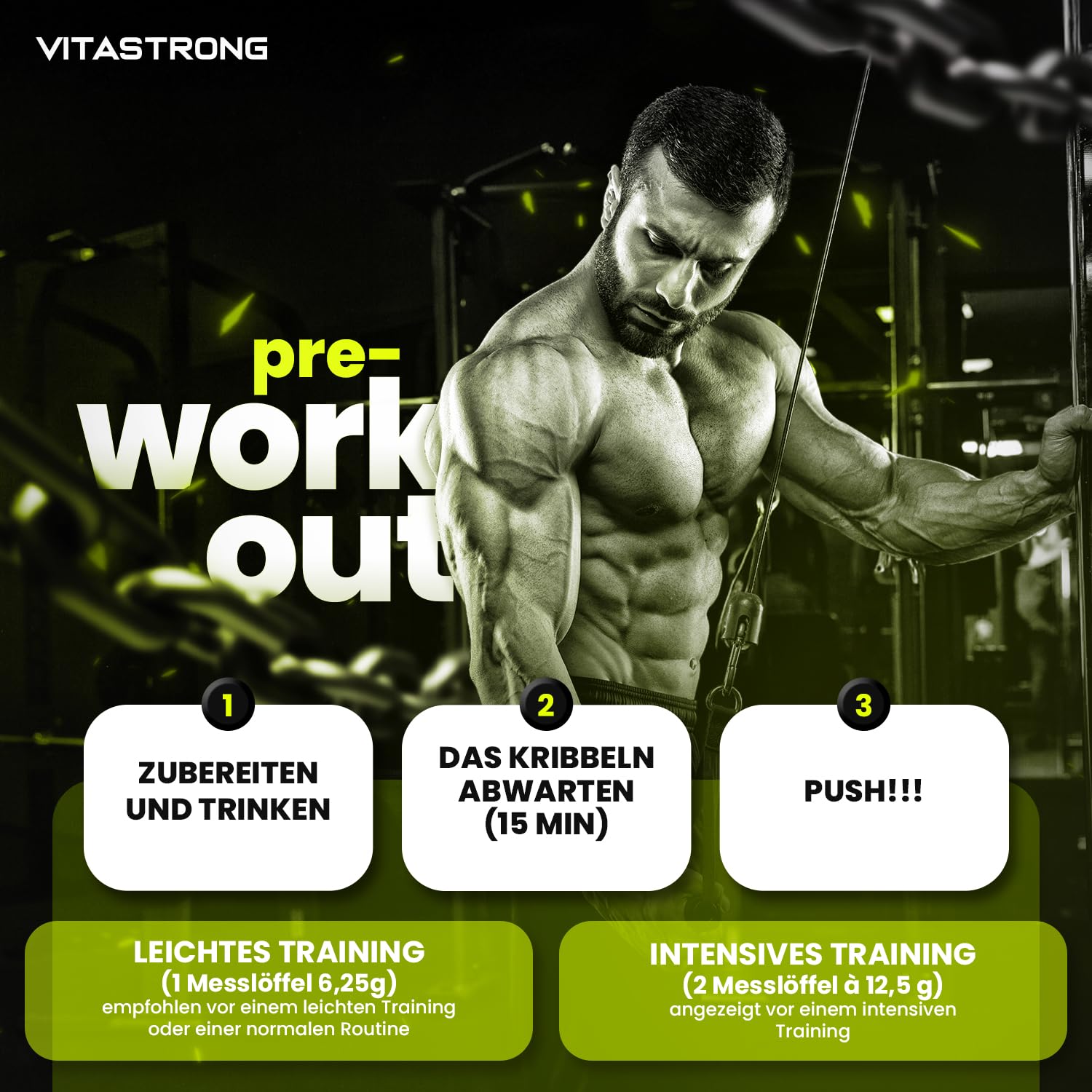 Pre Workout Booster mit Koffein 300g, Vegan Preworkout mit Vitamin B12, Citrullin, Beta-Alanin, Koffein Pulver, Taurin Pulver, AstraGin, Vitastrong Pre Workout (24 Portionen (1er-Packung), Lime)
