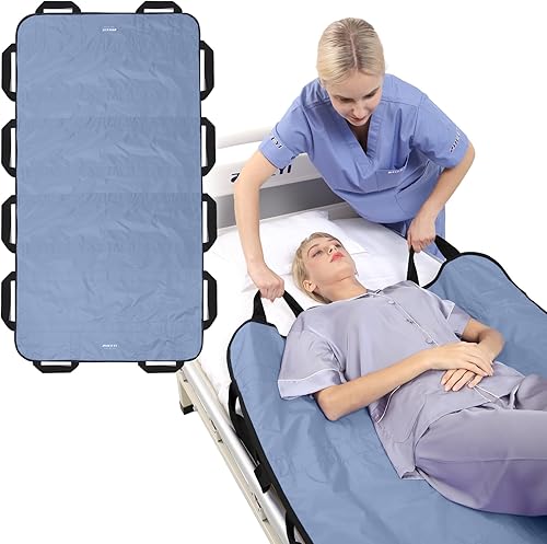 Miniatura 8 de Almohadilla de posicionamiento de cama con asas reforzadas de 63 x 40 pulgadas, hoja deslizante de transferencia de pacientes lavable para Azul
