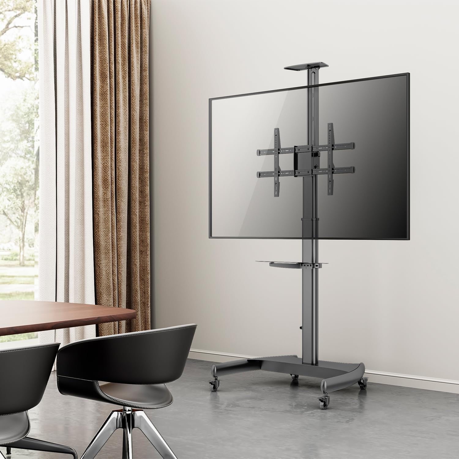 AISENS - FT70TE-169 - Soporte de Suelo Eco con Ruedas y Manivela, Bandeja para DVD y Soporte de Cámara para Monitor/TV 50Kg de 37-70, Negro