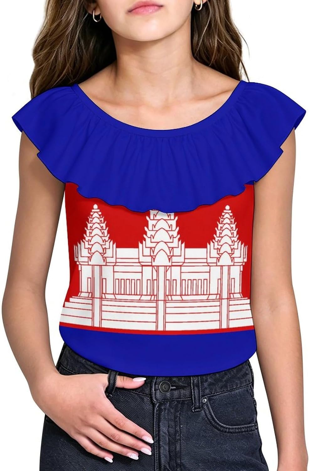 Cambodia Cambodian Flag Girls T-Shirts Top Ruffle Short Sleeve Blouse Casual Graphic Tees
