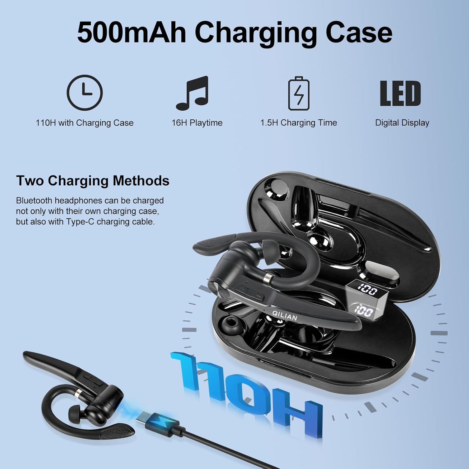 Single Ear Bluetooth Headset with 110Hrs Talk Time, Wireless Earpiece with Dual Noise Canceling Mic & 500mAh Charging Case, Bluetooth 5.3 Hands Free Headphones for Business/Office/Driver Work - Image 3