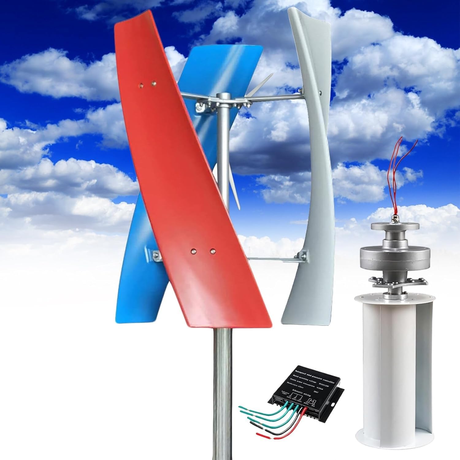 Zestaw generatora wiatrowego o osi pionowej 18000 W z regulatorem MPPPT, automatyczna regulacja kierunku wiatru do zasilania domowego, łodzi i poza siecią A 110 V (czerwony)