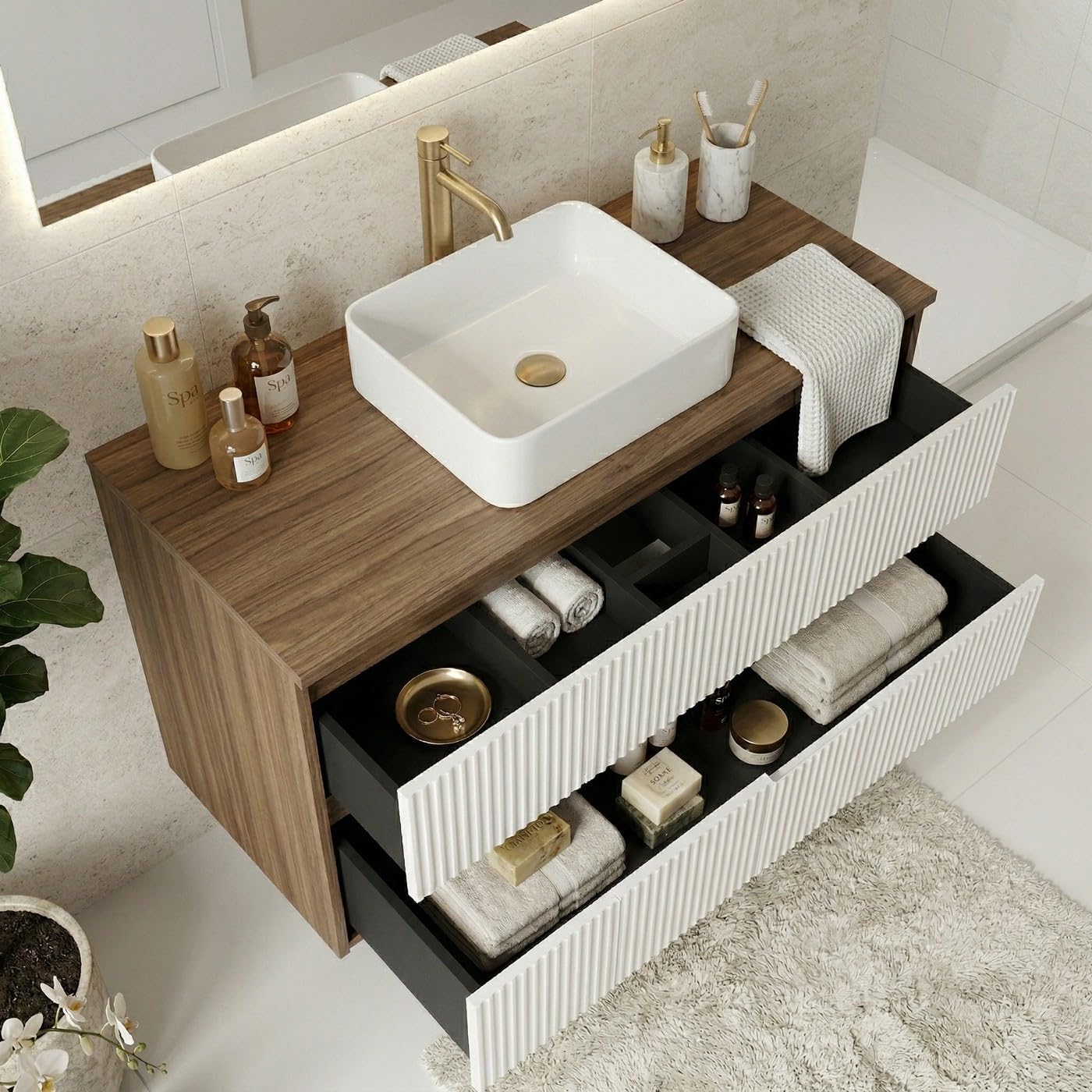 SANIVERRE EVA Meuble Vasque à Poser Suspendu L.100 cm Chêne Moka 2 Tiroirs Blanc Brillant Cannelé (sans Colonne) Salle de Bain
