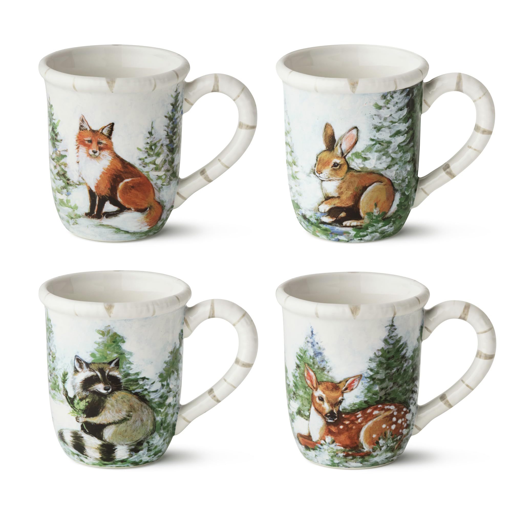 Set di stoviglie da 16 pezzi Winter Cabin, SERVIZIO per 4 - Quattro posti completi vivi di pini spolverati di neve, un"accogliente capanna di tronchi, e le affascinanti creature boschive di un inverno