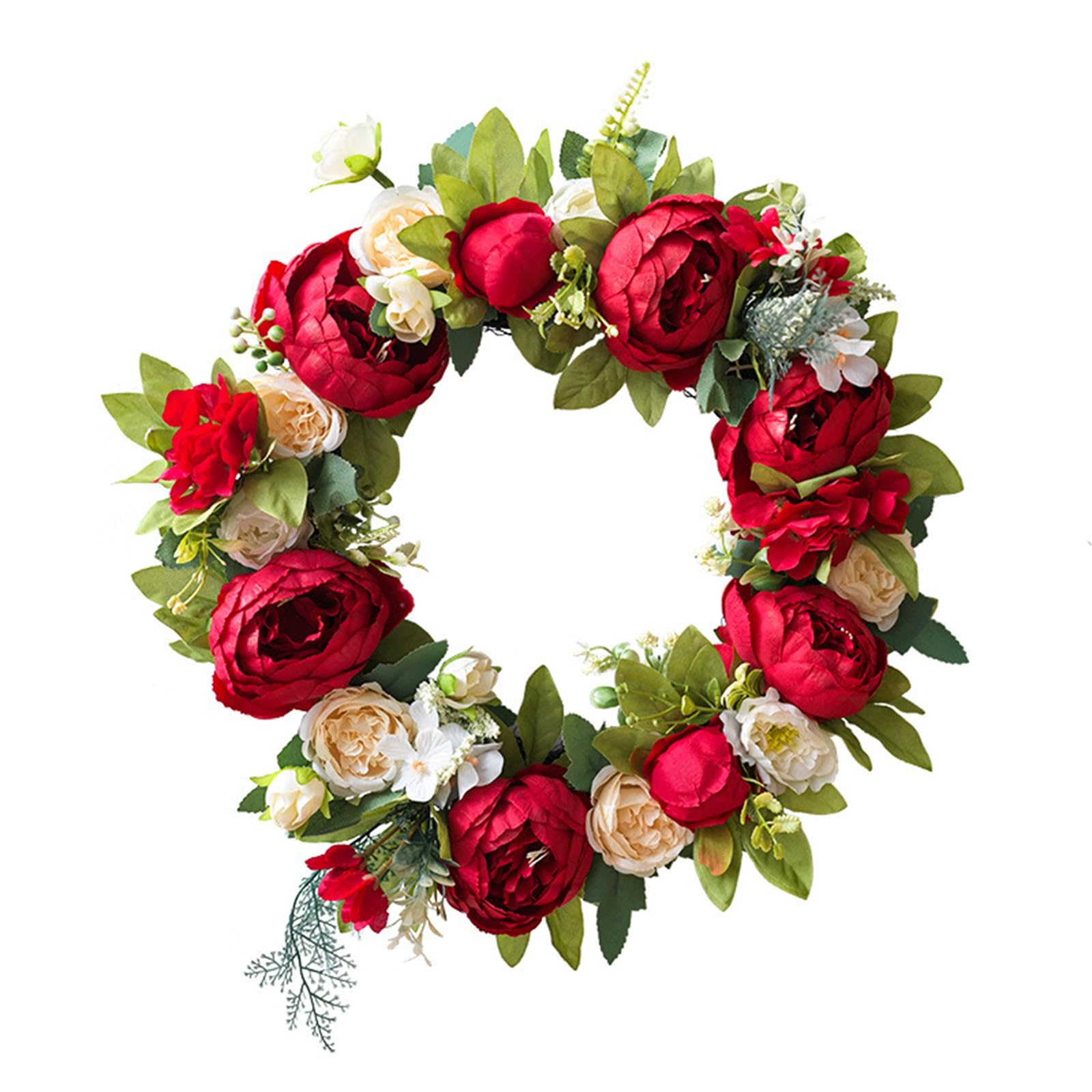 Künstlicher Dekokranz,40cm Rot Pfingstrosen Türkranz mit Blumen und Blätter,Türkranz für alle Jahreszeiten, für Zuhause, Haustür, Wände, Fenster, Festivals und Hochzeiten Deko