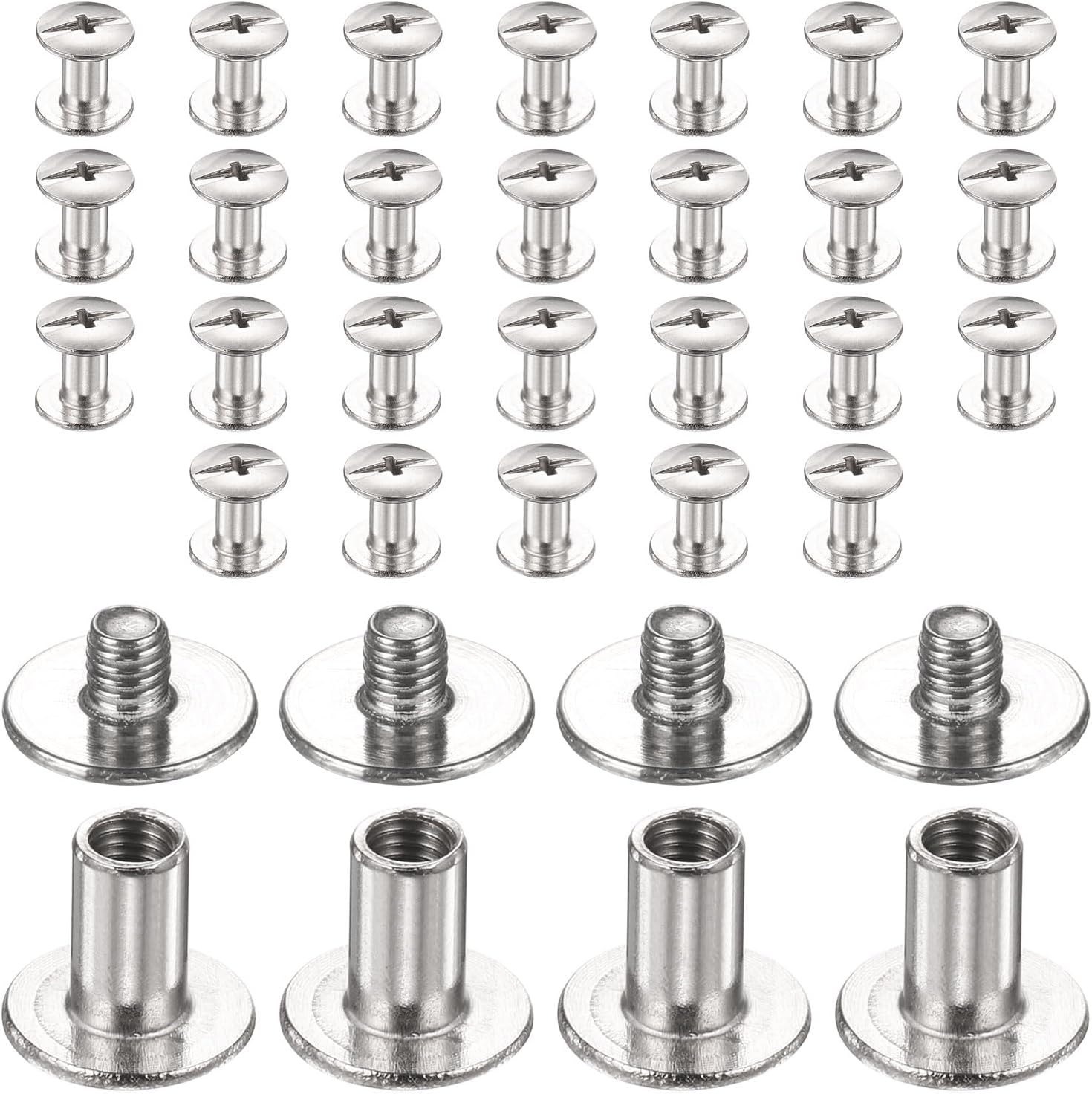 sourcing map 30set Chicago Screw M3x7mm 3mm Length Metal Phillips Nail Rivet Stud Bolts Rivets Binding Post Screw for DIY Leather Belt Bag Craft Bookbinding, Silver