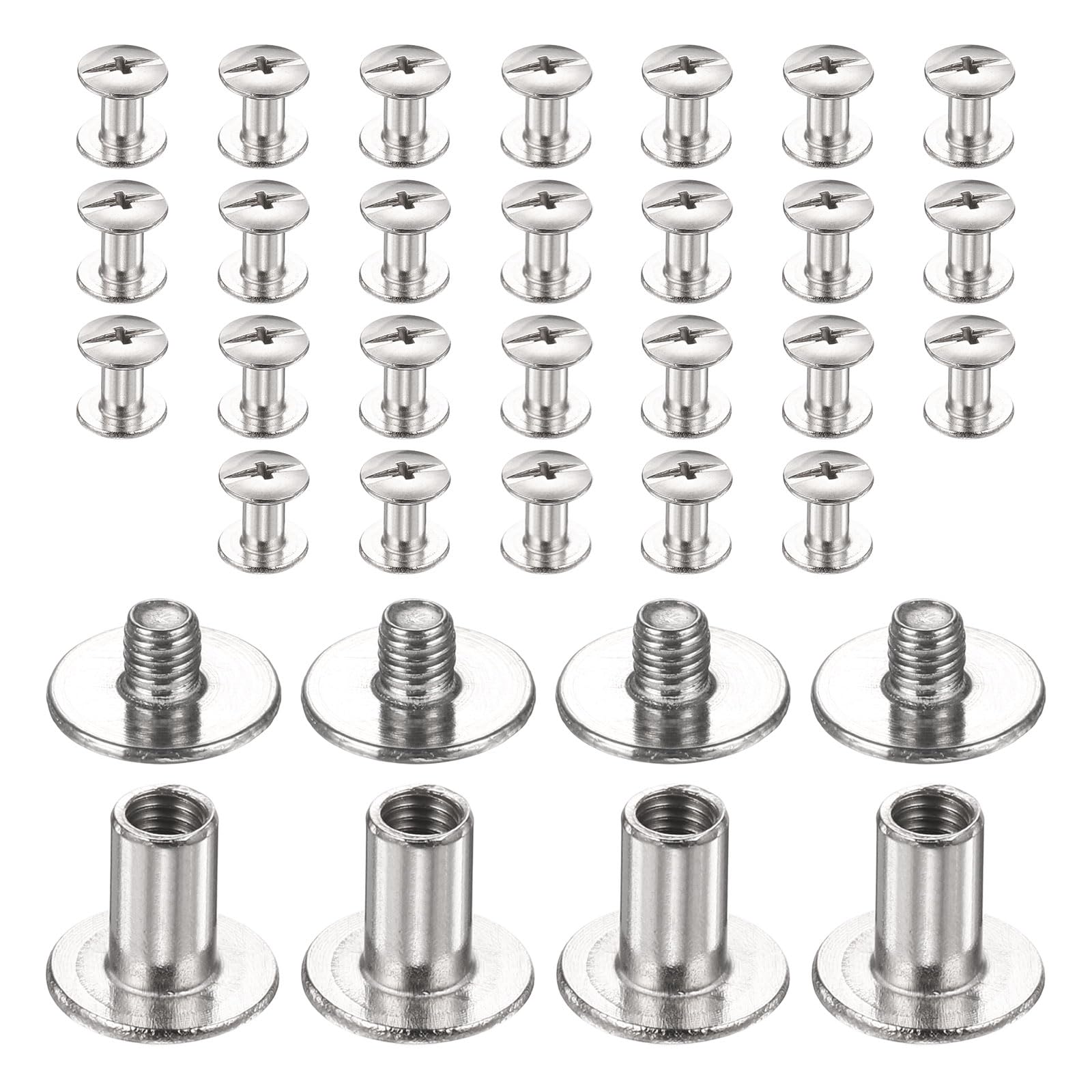sourcing map 30set Chicago Screw M3x7mm 3mm Length Metal Phillips Nail Rivet Stud Bolts Rivets Binding Post Screw for DIY Leather Belt Bag Craft Bookbinding, Silver
