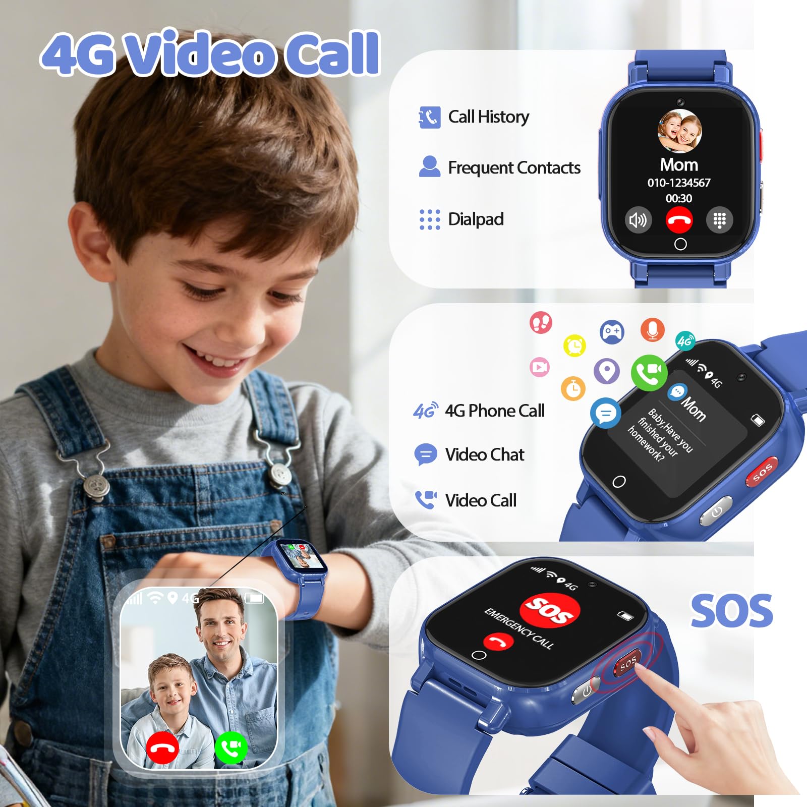 4G Smartwatch Bambini GPS, Orologio Smartwatch per Bambino Bambina Telefono | Videochiamata Chat Vocale Contapassi Camera Modalità Classe Gioco, Smart Watch Ragazza e Ragazzo 4-12 Anni Regalo Blu